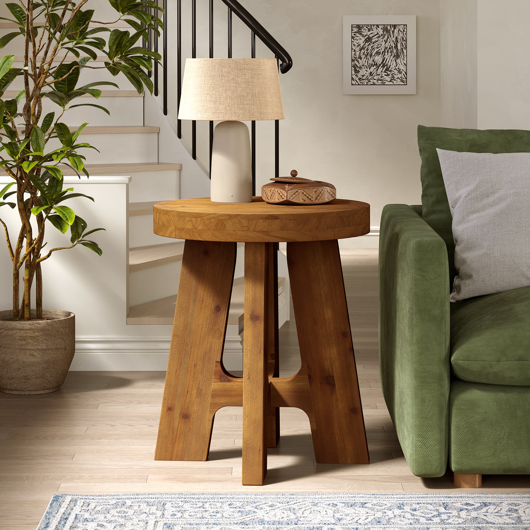 Solid Wood End Table, Round Side Table with Heavy-Duty Legs for Couch