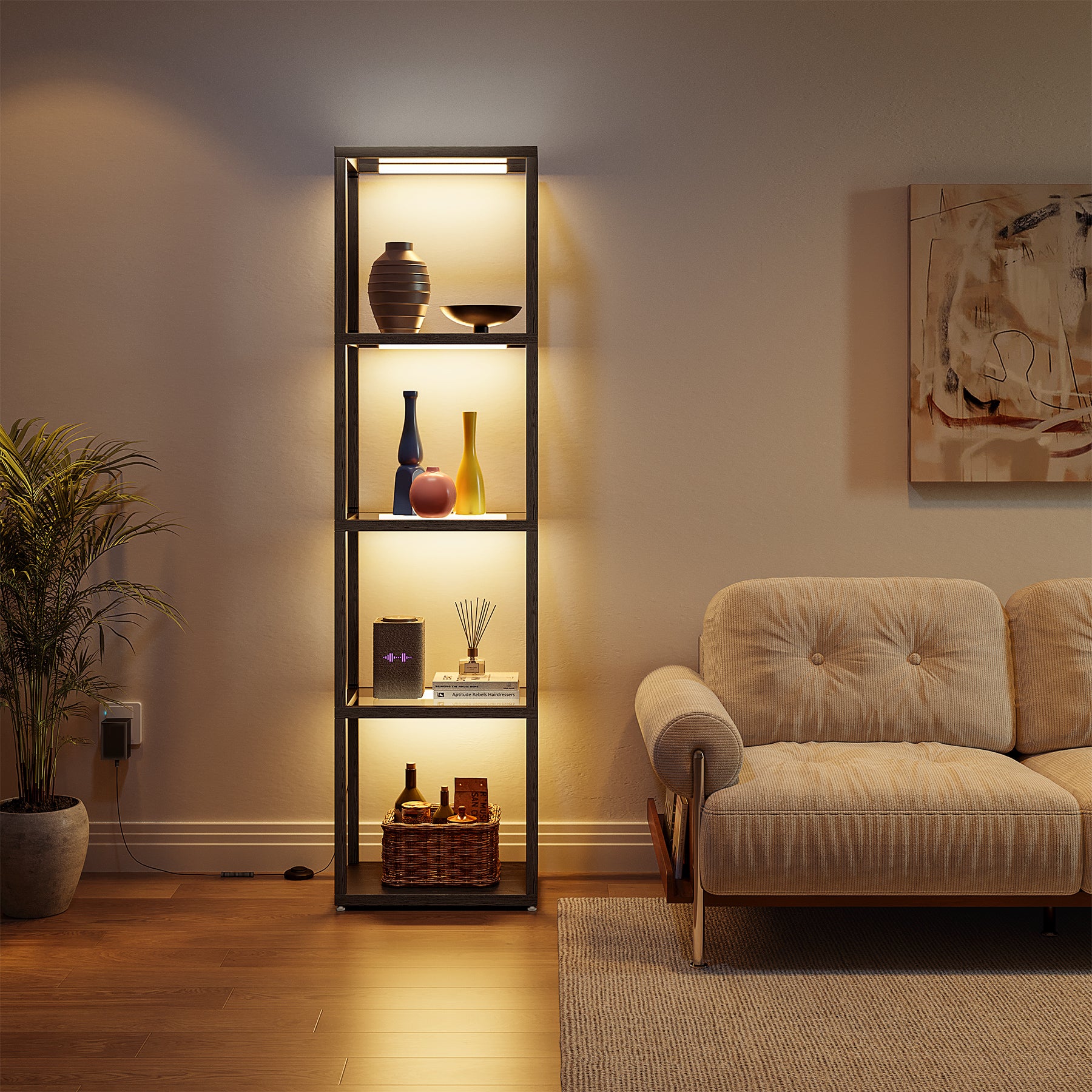 LED Floor Lamp, 4-Tier Bookshelf with Glass Shelves & Light
