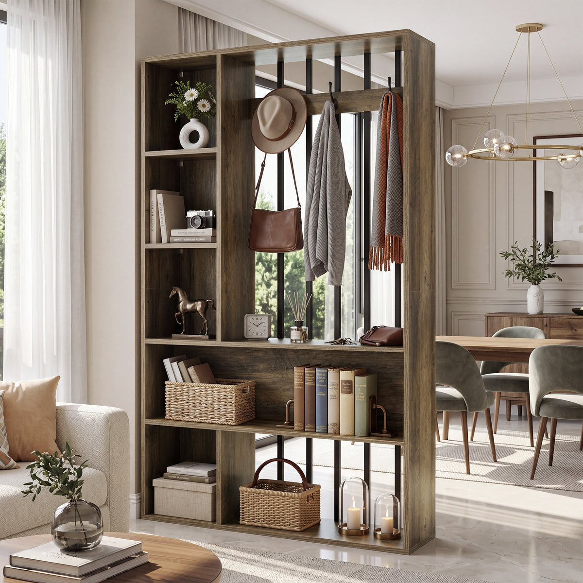 71" Modern Wood Room Divider with Shelves, Coat Hooks & LED Light, Freestanding