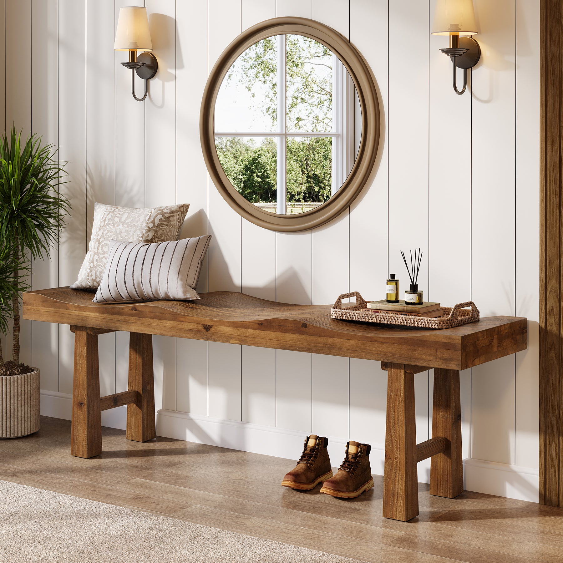 55" Entryway Bench, Solid Wood Storage Bench with Wave-Top Design for Foyer