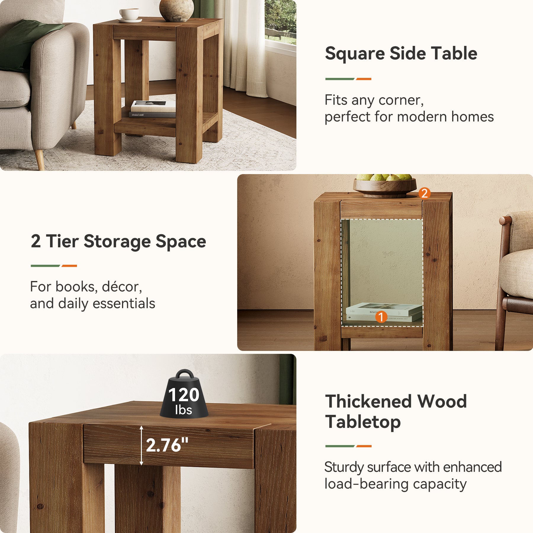 19.6" Farmhouse Side Table, Solid Wood 2-Tier End Table with Storage Shelves