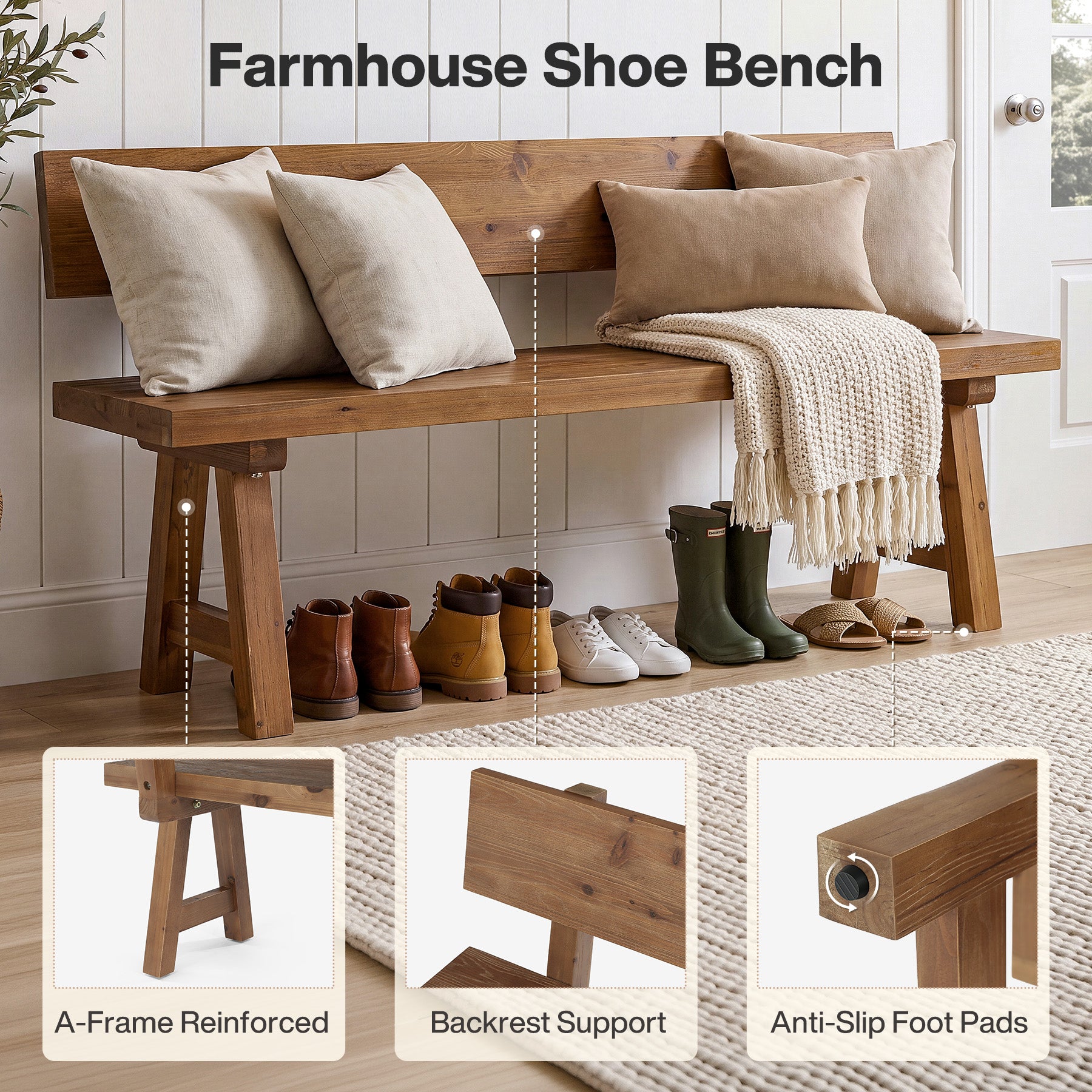 Solid Wood Entryway Bench, Farmhouse Indoor Bench with Back for Hallway, Living room