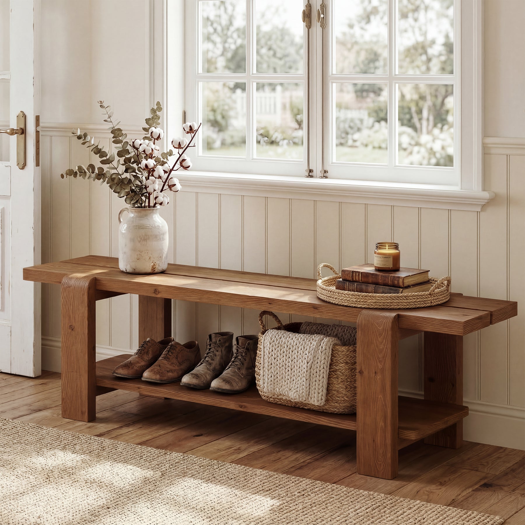 Solid Wood Entryway Bench, 63" End of Bed Bench with Shoe Storage Shelf
