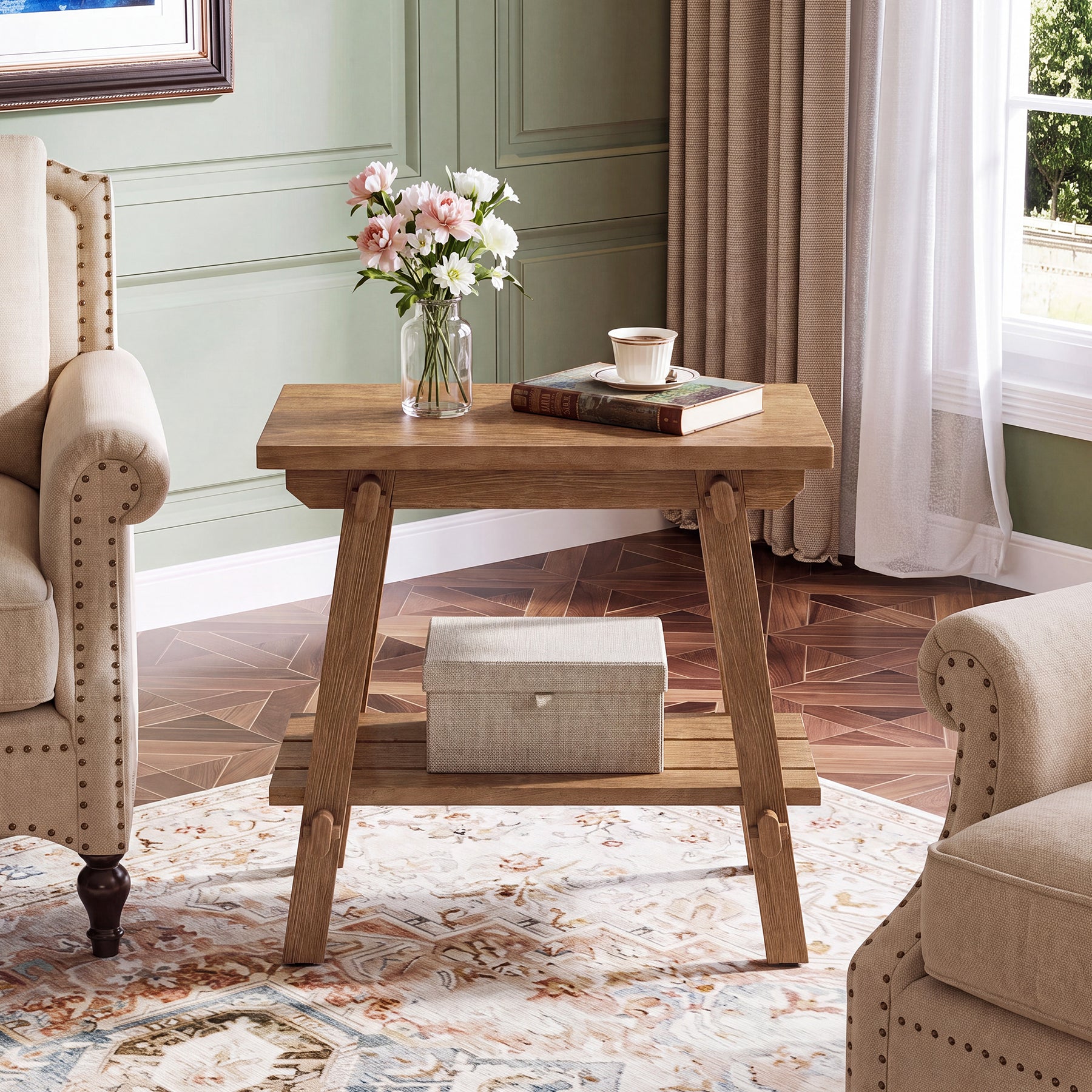 Solid Wood End Table, 23.6" Narrow Couch Side Table Nightstand for Small Spaces