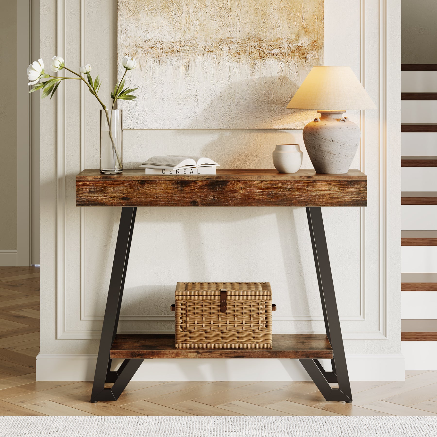 41“ Industrial Console Table with Geometric Metal Frame, 2-Tier Rustic Entryway Sofa Table