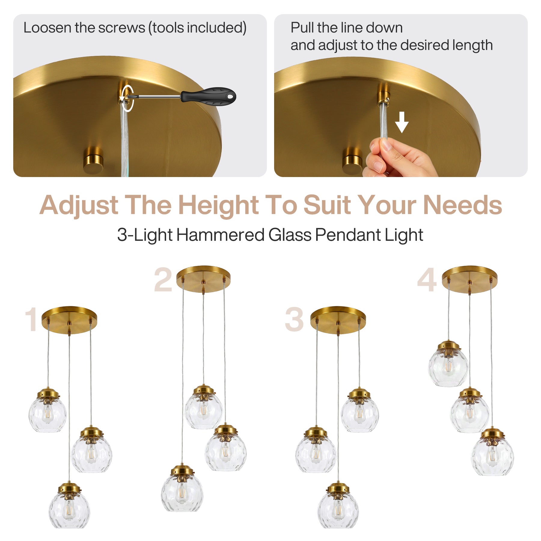 3-Light Pendant Lighting Fixtures with Adjustable Hanging Cords, Hammered Glass Globe Shades