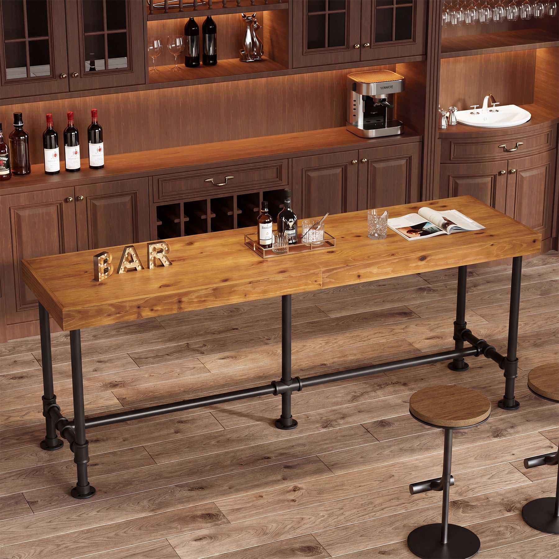 70.87" Solid Wood Bar Table for 6-8 People, Industrial Counter Height Pub Table
