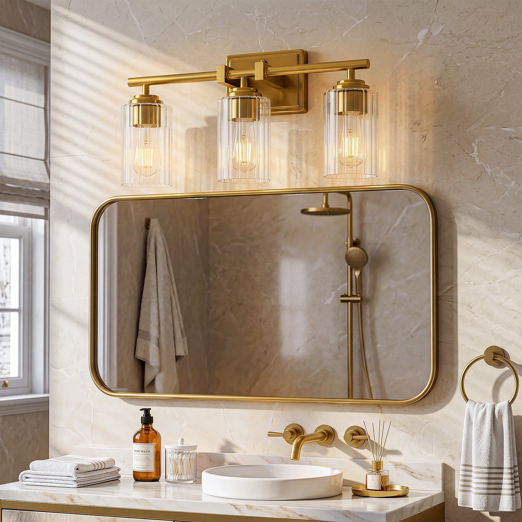 3-Light Bathroom Lighting, Adjustable Vanity Wall Sconce with Ribbed Glass Shades