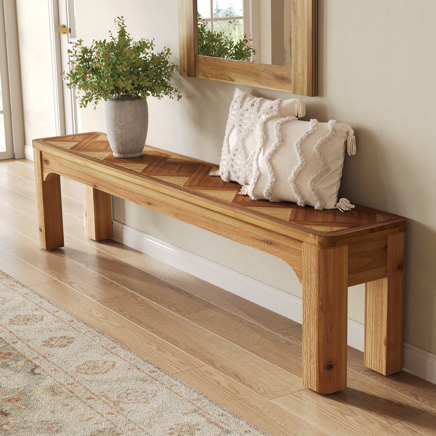 Solid Wood Shoe Bench, 63" Long Entryway Bench with 3D Textured Tabletop
