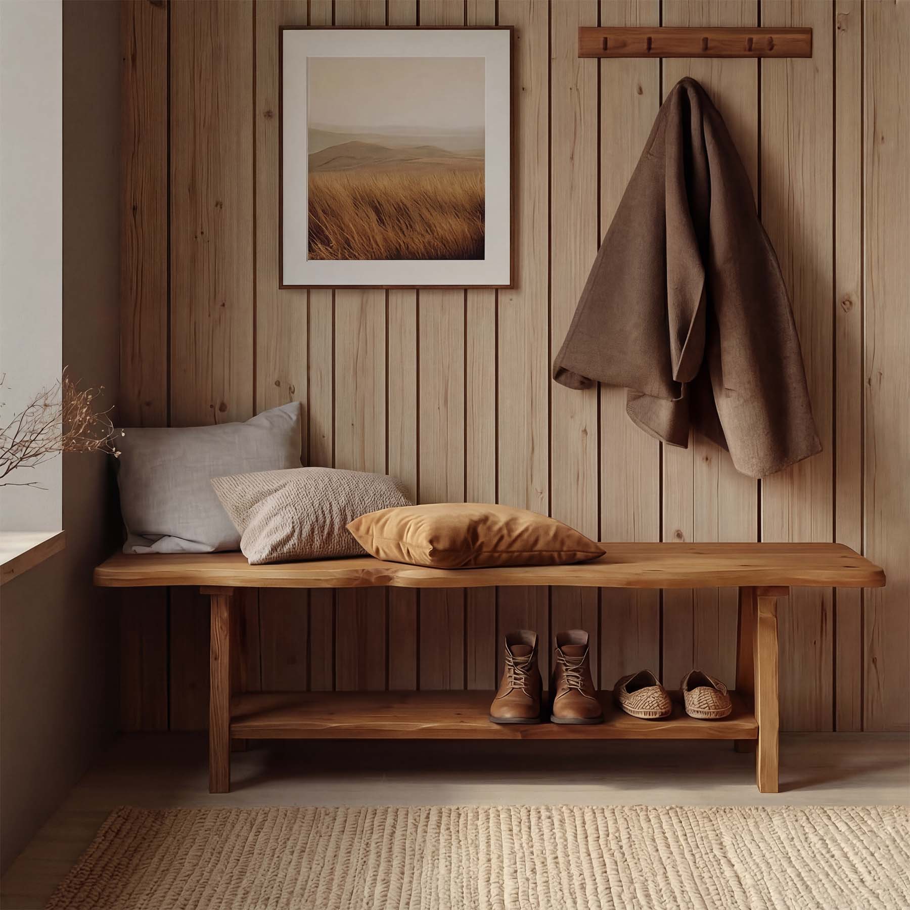 55 Inch Solid Wood Entryway Bench, Farmhouse Live Edge Bench