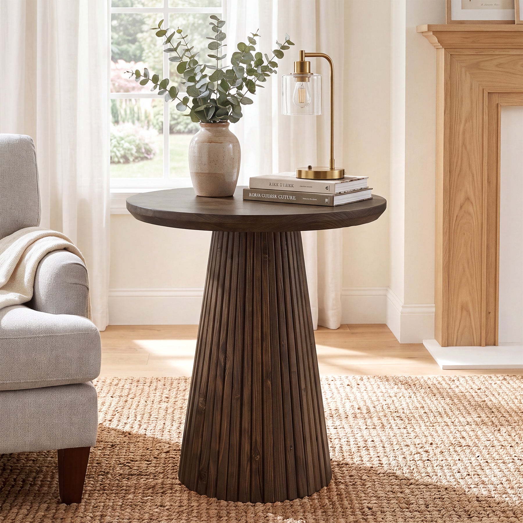 19.7" End Table, Solid Wood Round Pedestal Side Table with Fluted Base