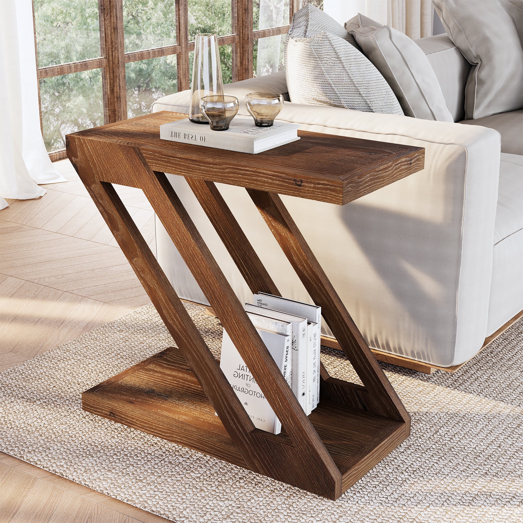 Solid Wood End Table, Z-Shaped Side Table with 2-Tier Storage