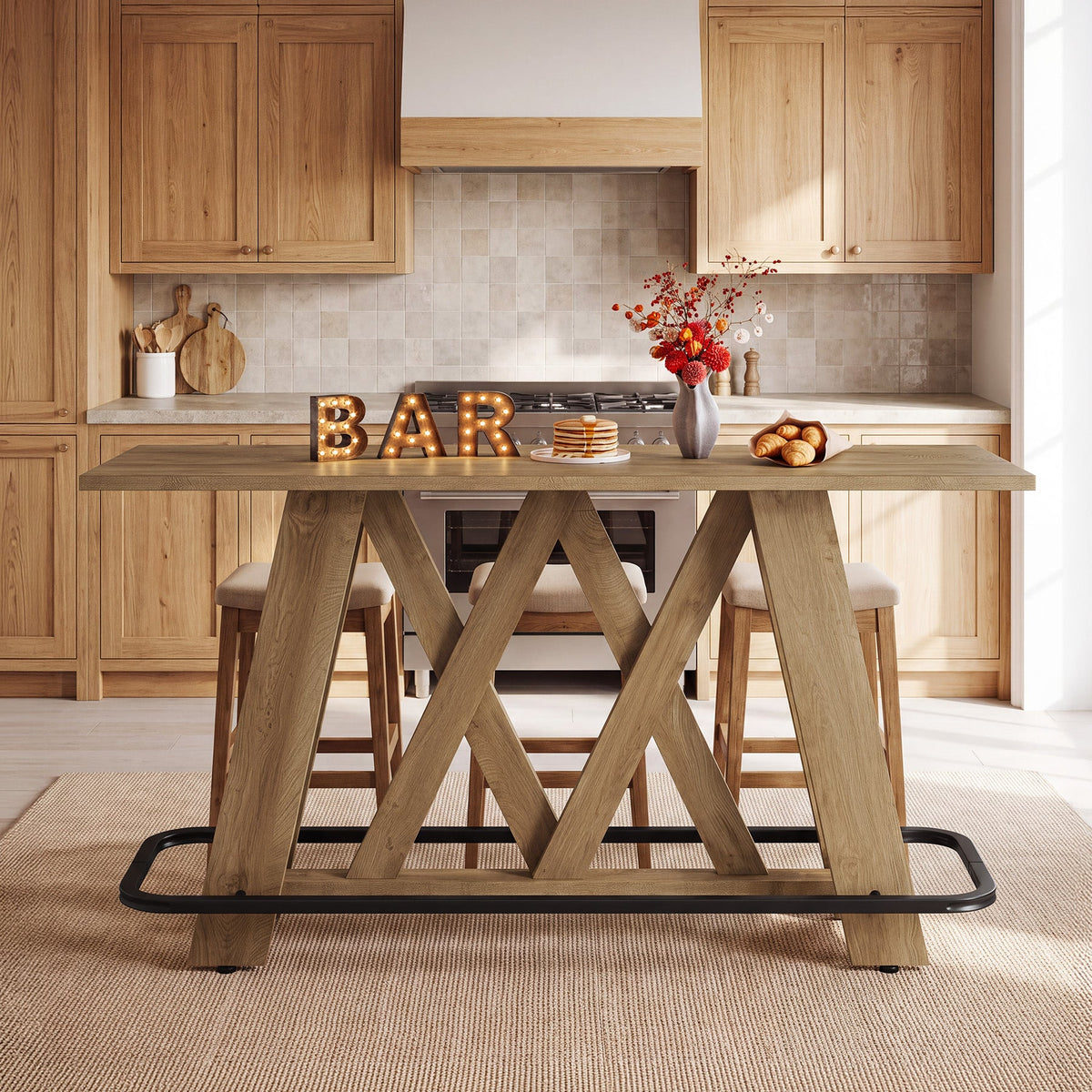63" Bar Table with A-Frame Legs & Metal Footrest, Rustic Pub Table