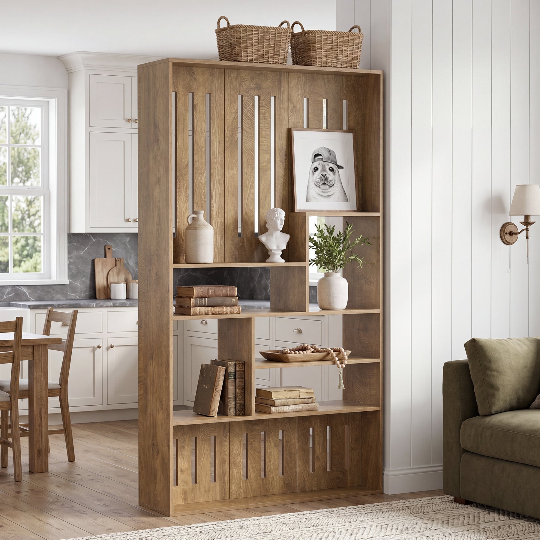 70.9" Wall Room Divider with Staggered Shelves, Freestanding Wall Partition for Living Room, Bedroom