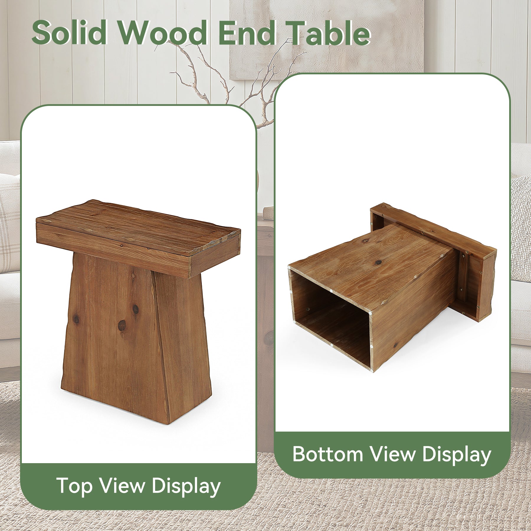 23.6-Inch Solid Wood End Table with Trapezoid Base, Small Walnut Side Taable for Living Room