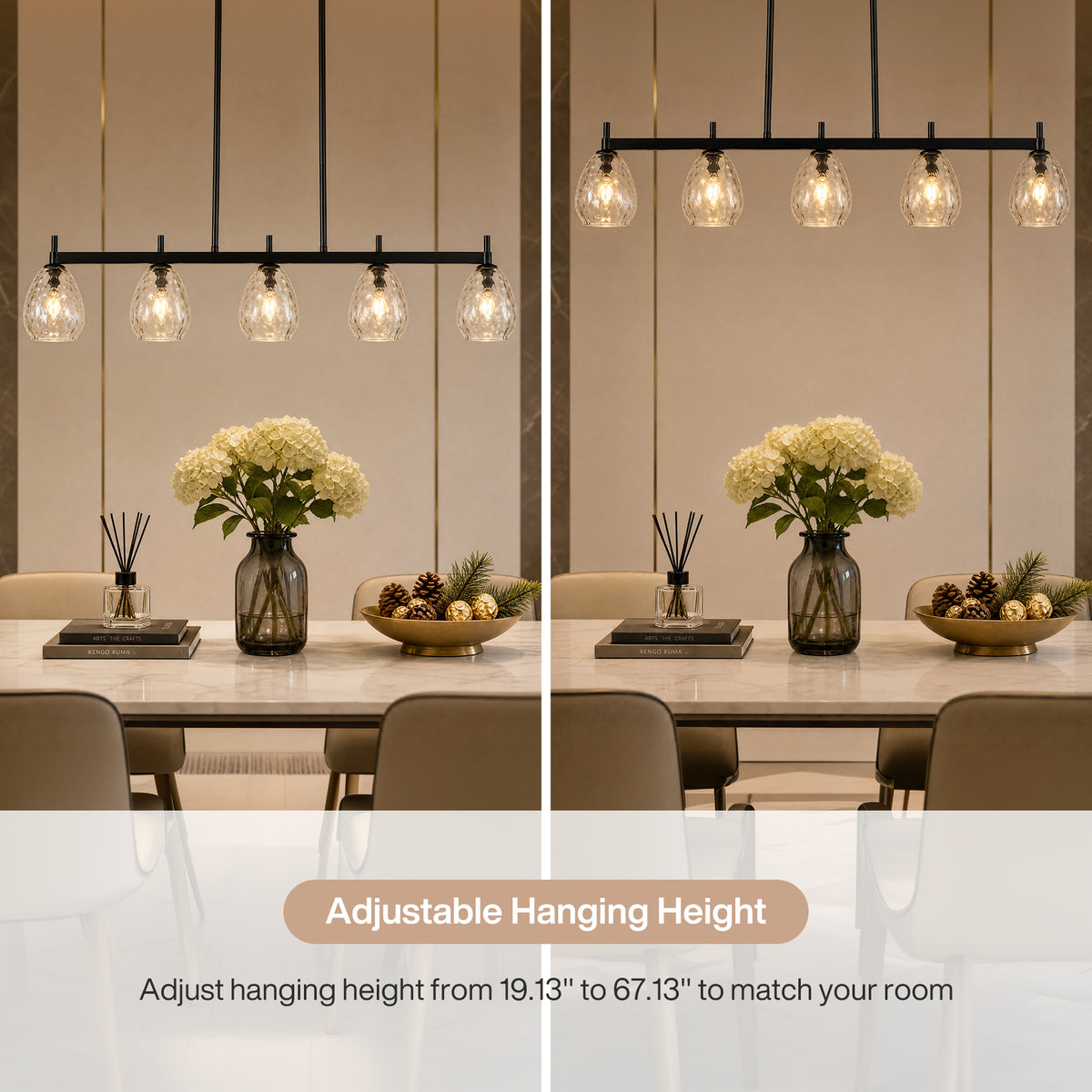 5-Light 41" Black Linear Pendant Light, Kitchen Island Light with Clear Glass Shade