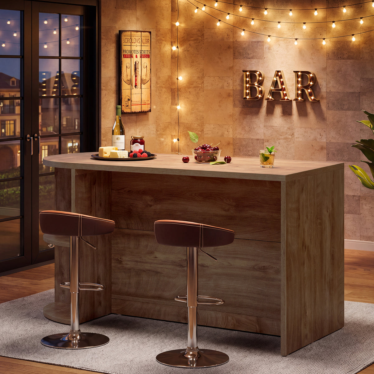 63" Home Bar Table with Drawer, Cabinet and Open Shelves for Kitchen
