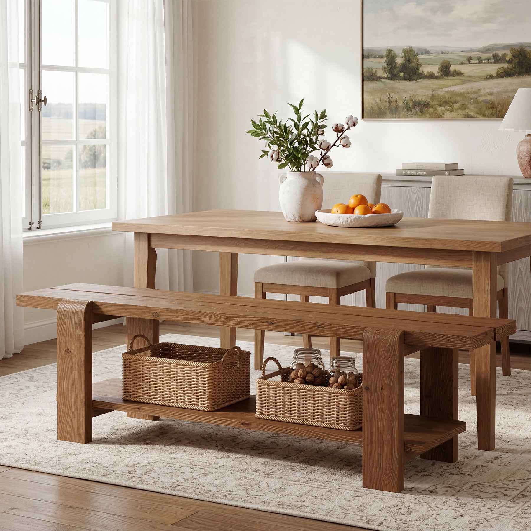 63" Farmhouse Dining Bench, Solid Wood Kitchen Bench Dining Seat