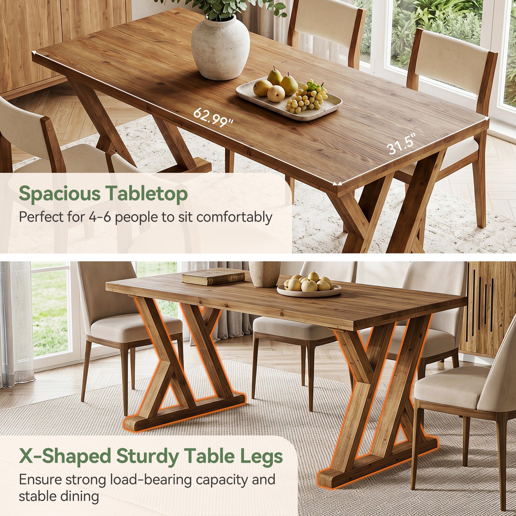 63" Wood Dining Table, Farmhouse Kitchen Dinner Table for 4-6 People