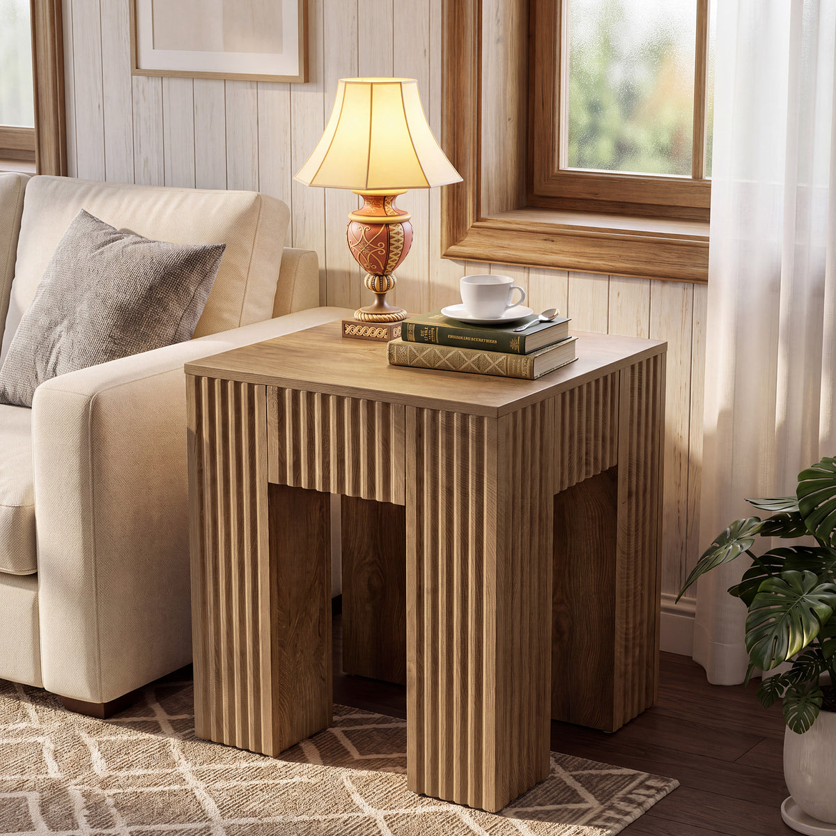 Square Fluted End Table, Farmhouse Side Table for Living Room, Bedside Nightstand