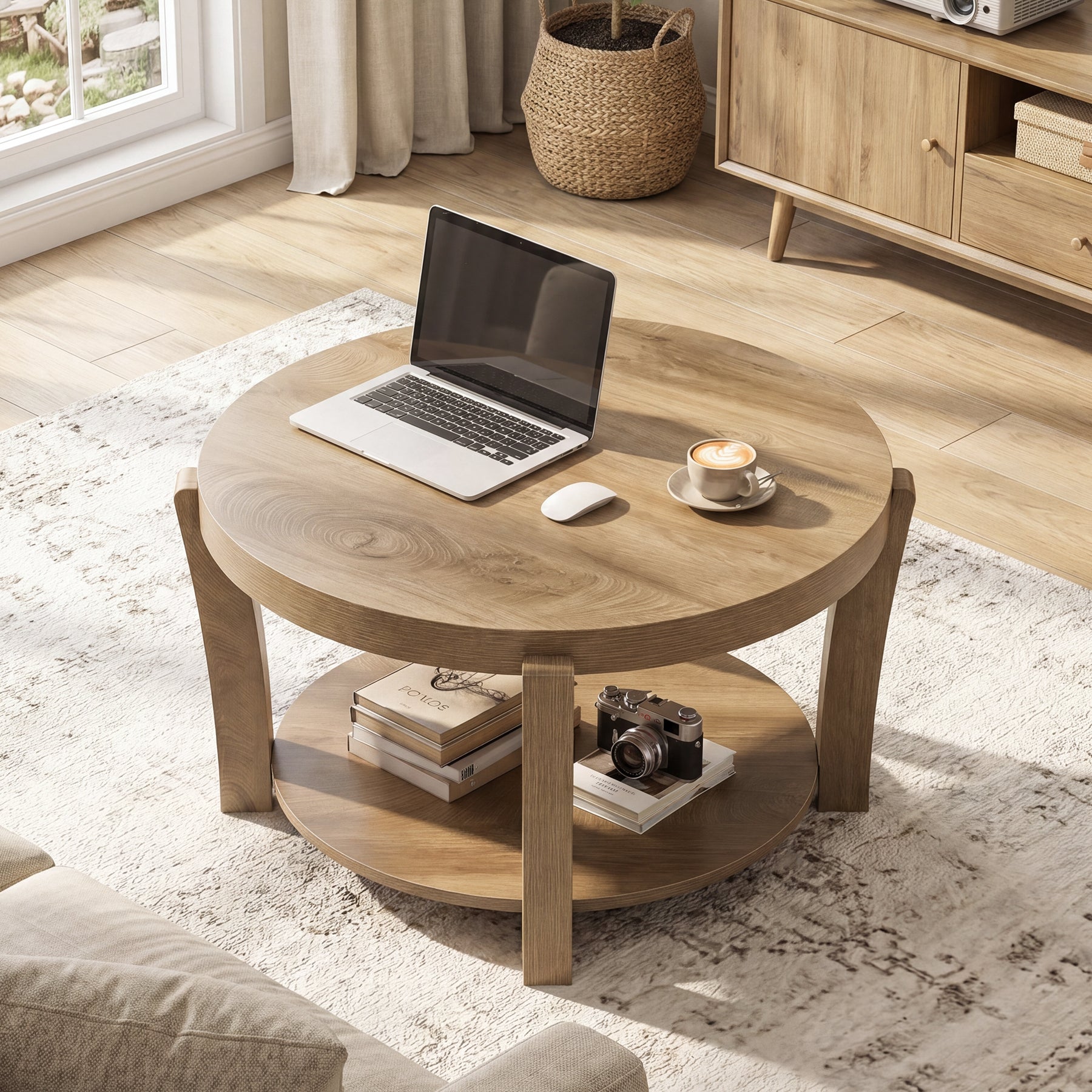 31.5" Round Coffee Table, Farmhouse Center Table with Storage, Easy Assembly