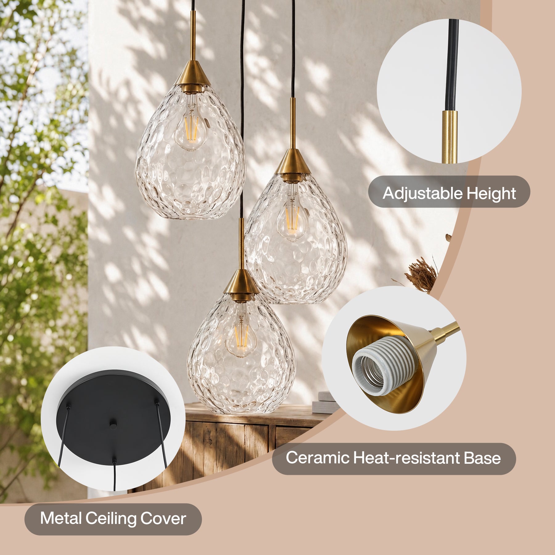 3-Light Pendant Light, Modern Hanging Cluster Ceiling Light Fixture, Adjustable Height
