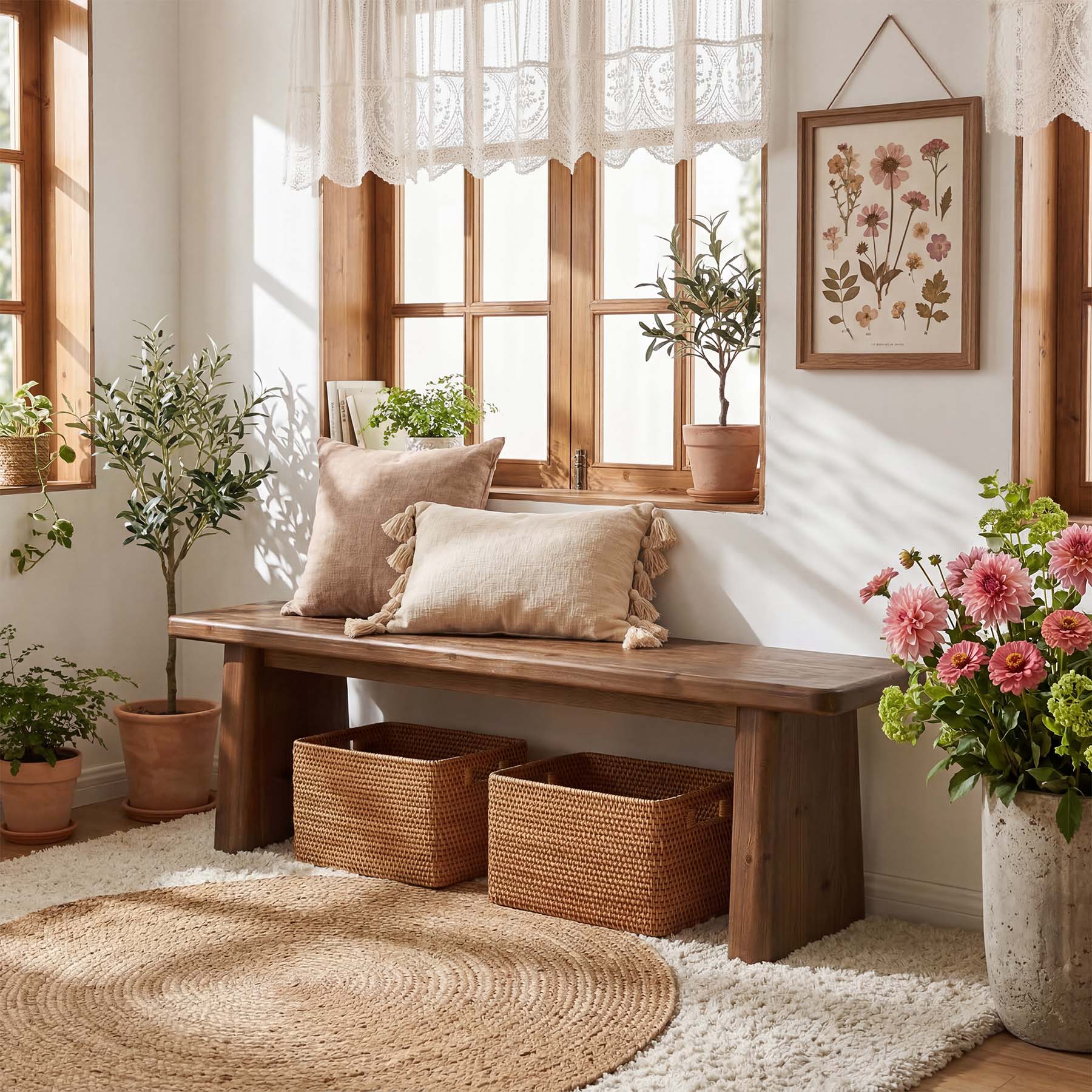 55" Entryway Bench, Solid Wood End of Bed Bench Dining Bench