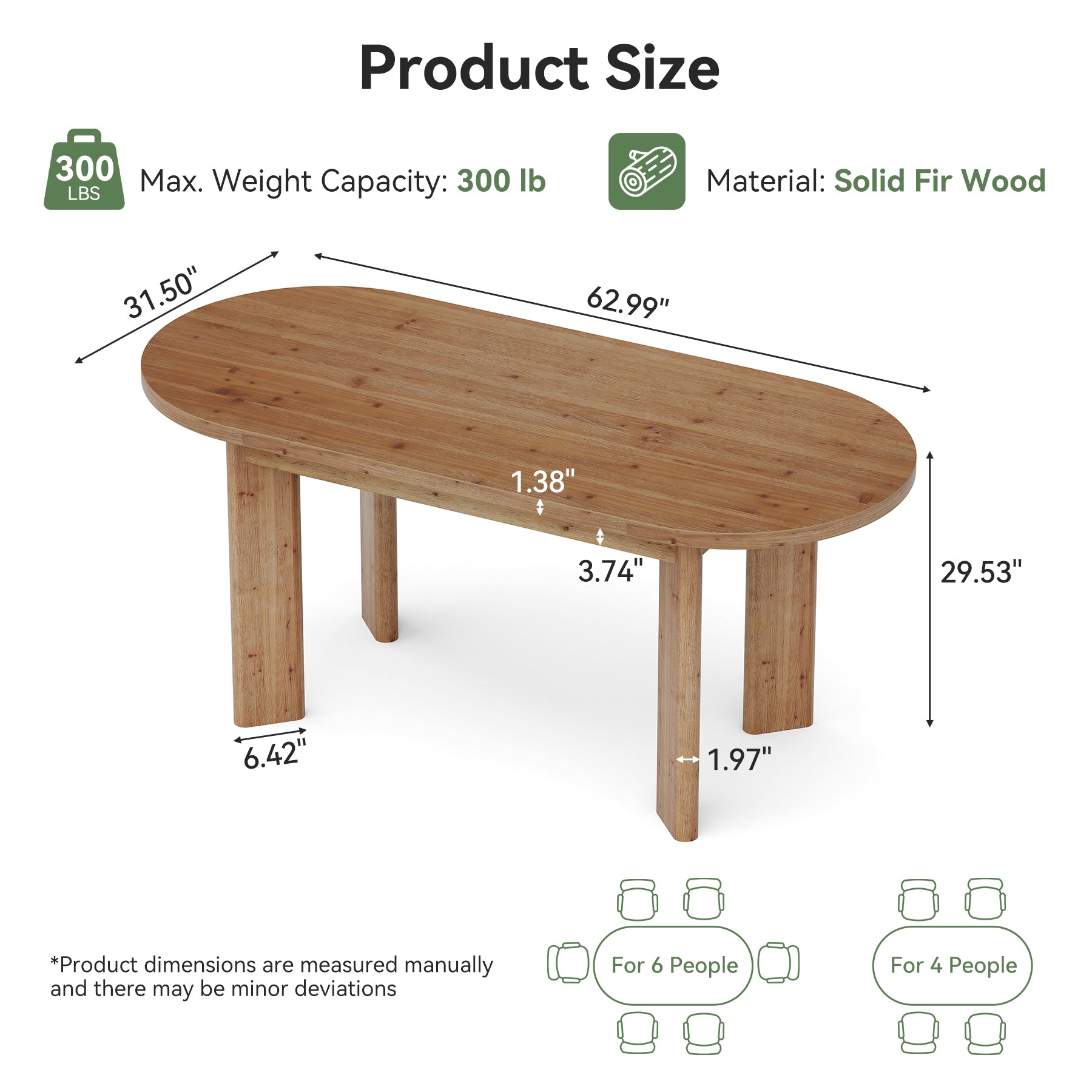 63" Oval Dining Table, Farmhouse Solid Wood Kitchen Table with Chunky Legs for 4-6 People
