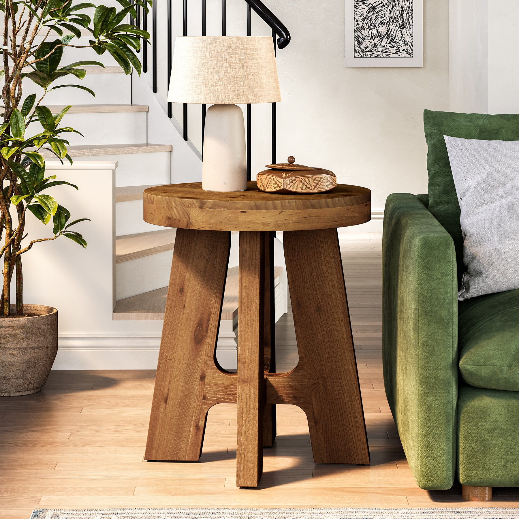 Solid Wood End Table, Round Side Table with Heavy-Duty Legs for Couch
