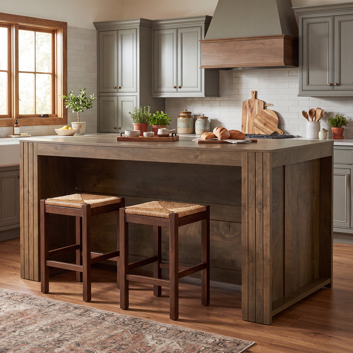 63" Kitchen Island with Seating Space for 4, Wood Island Table with Two-Sided Legroom
