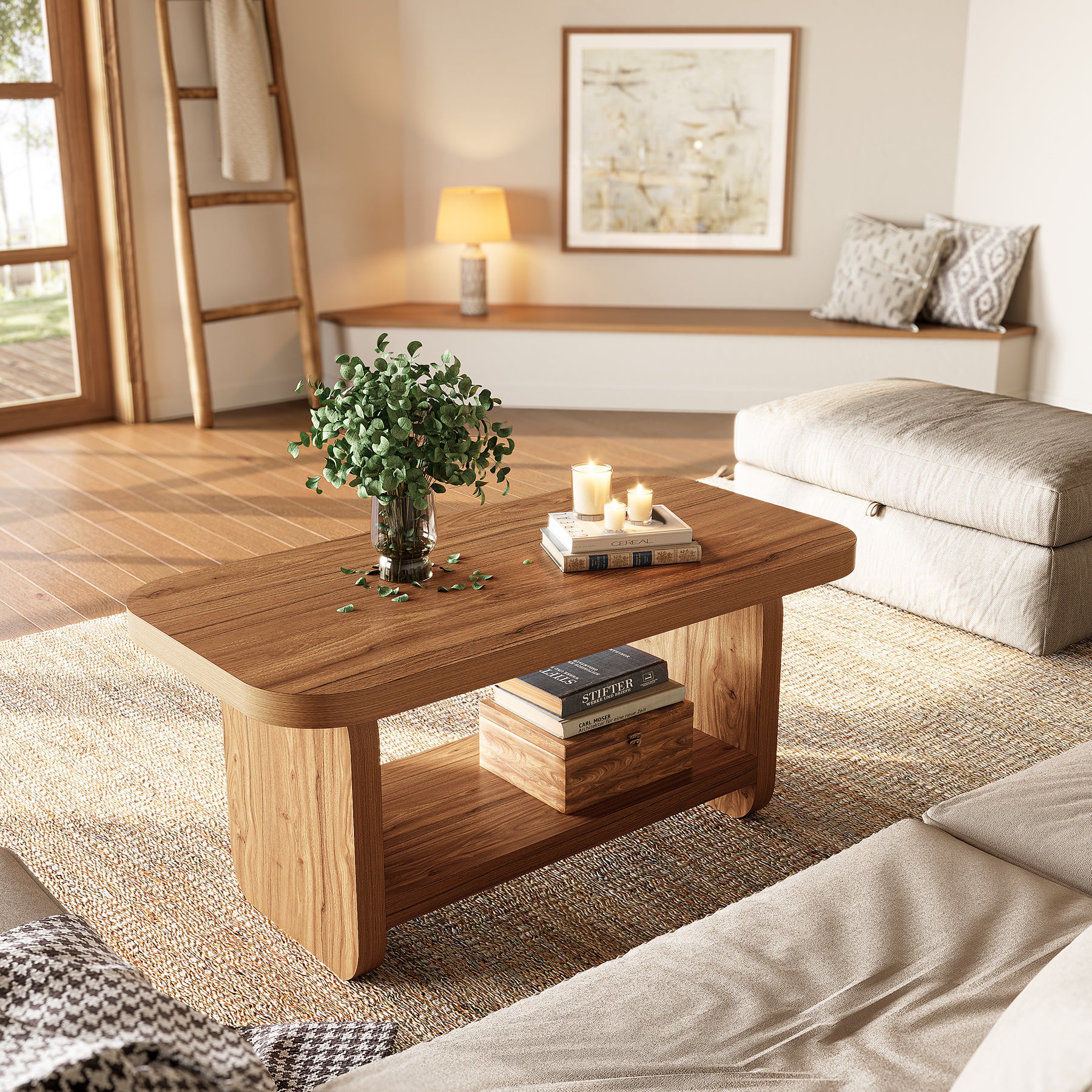 47.2" Coffee Table, Modern Farmhouse Center Table with Open Storage