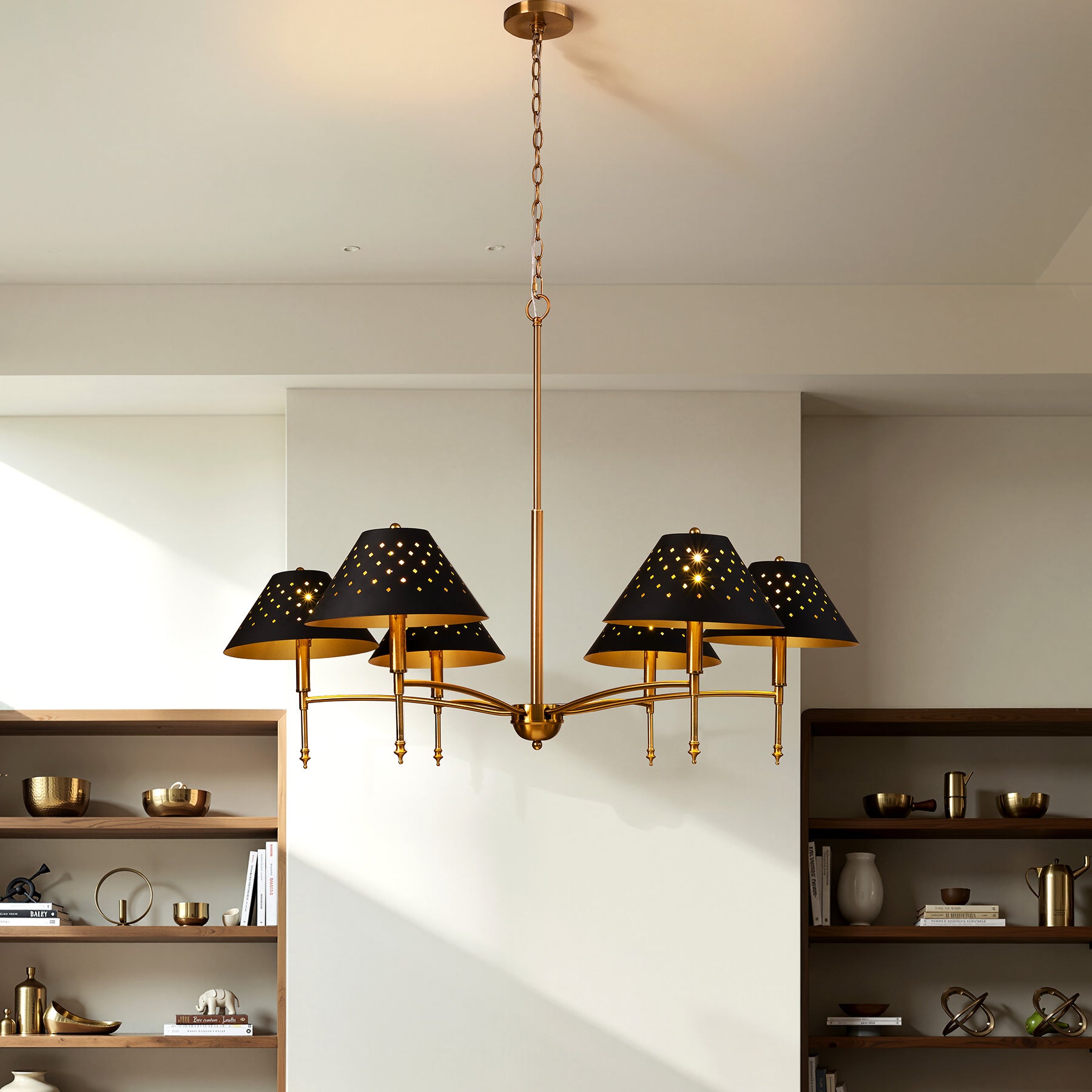 6-Light Chandelier with Matte Black Lampshade, 35" Farmhouse Height Adjustable Pendant Light Fixture