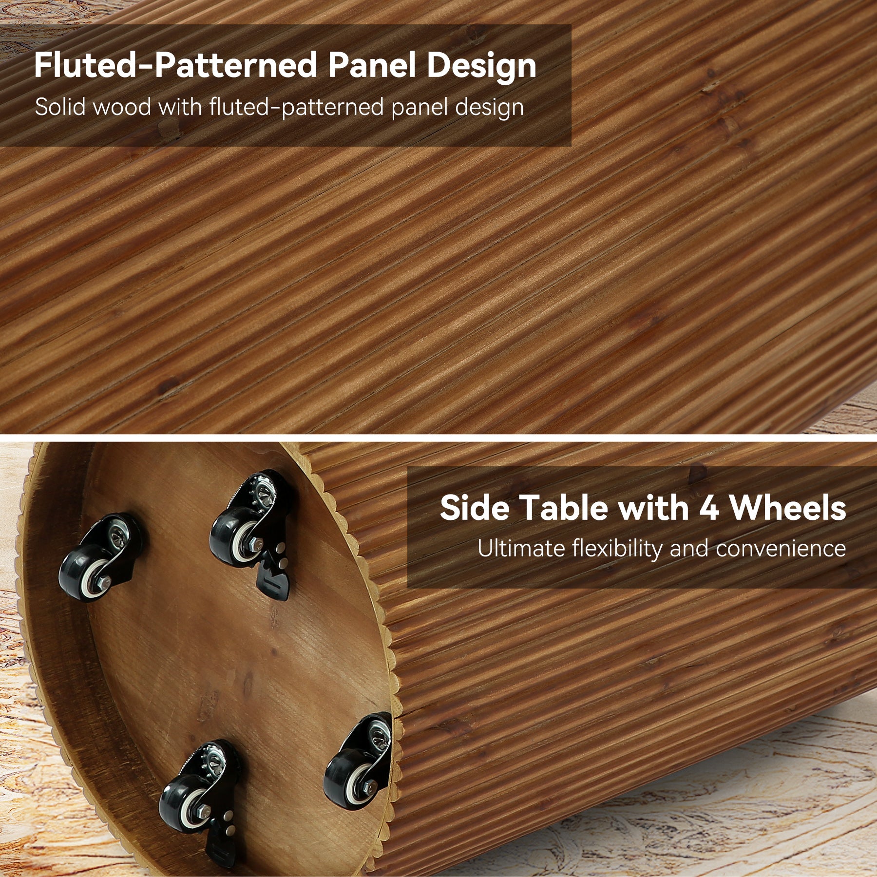 Solid Wood Round Side Table with Storage and 4 Wheels - Thumbnail 4