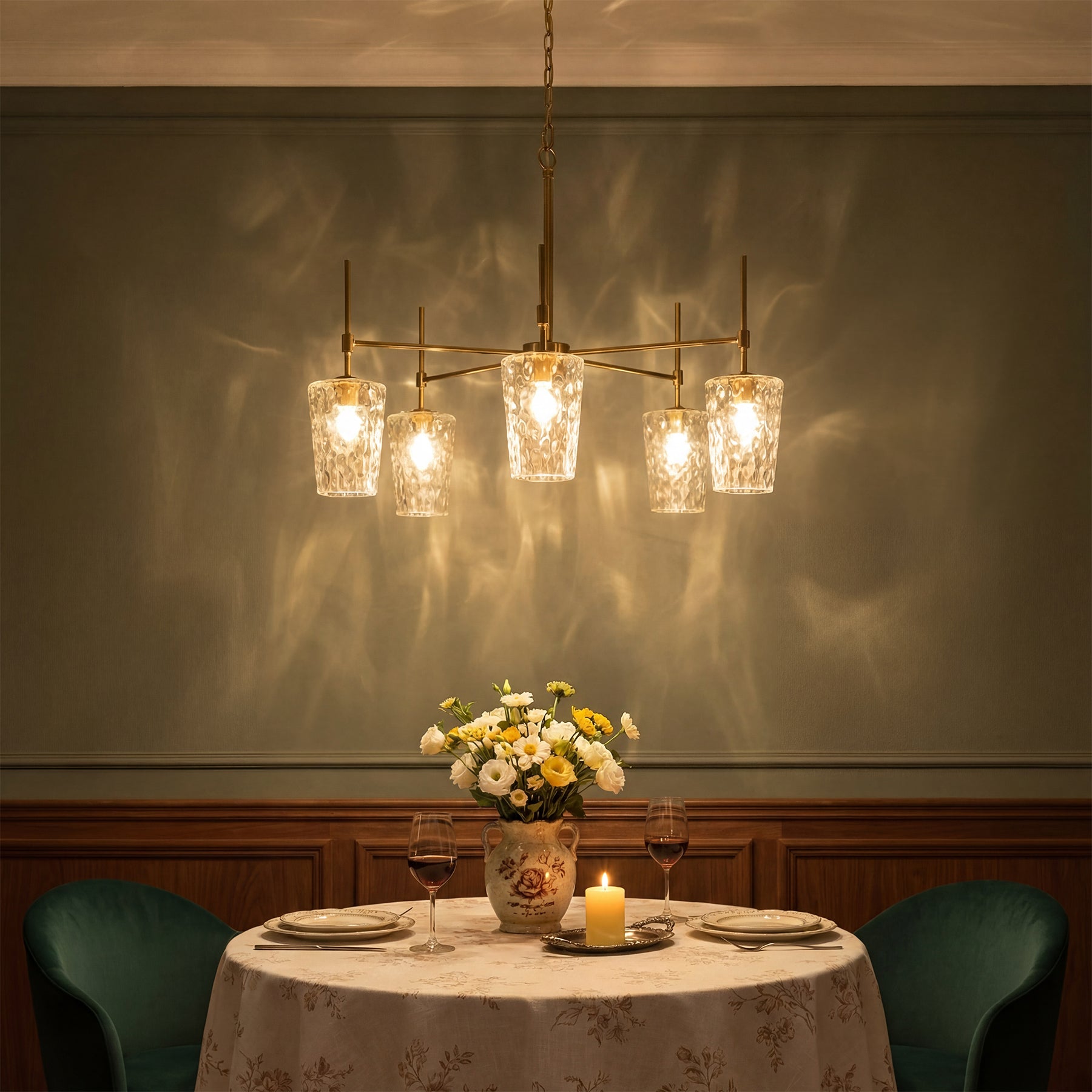 5-Light Chandelier, Modern Pendant Light with Water Ripple Wine Glass Shades