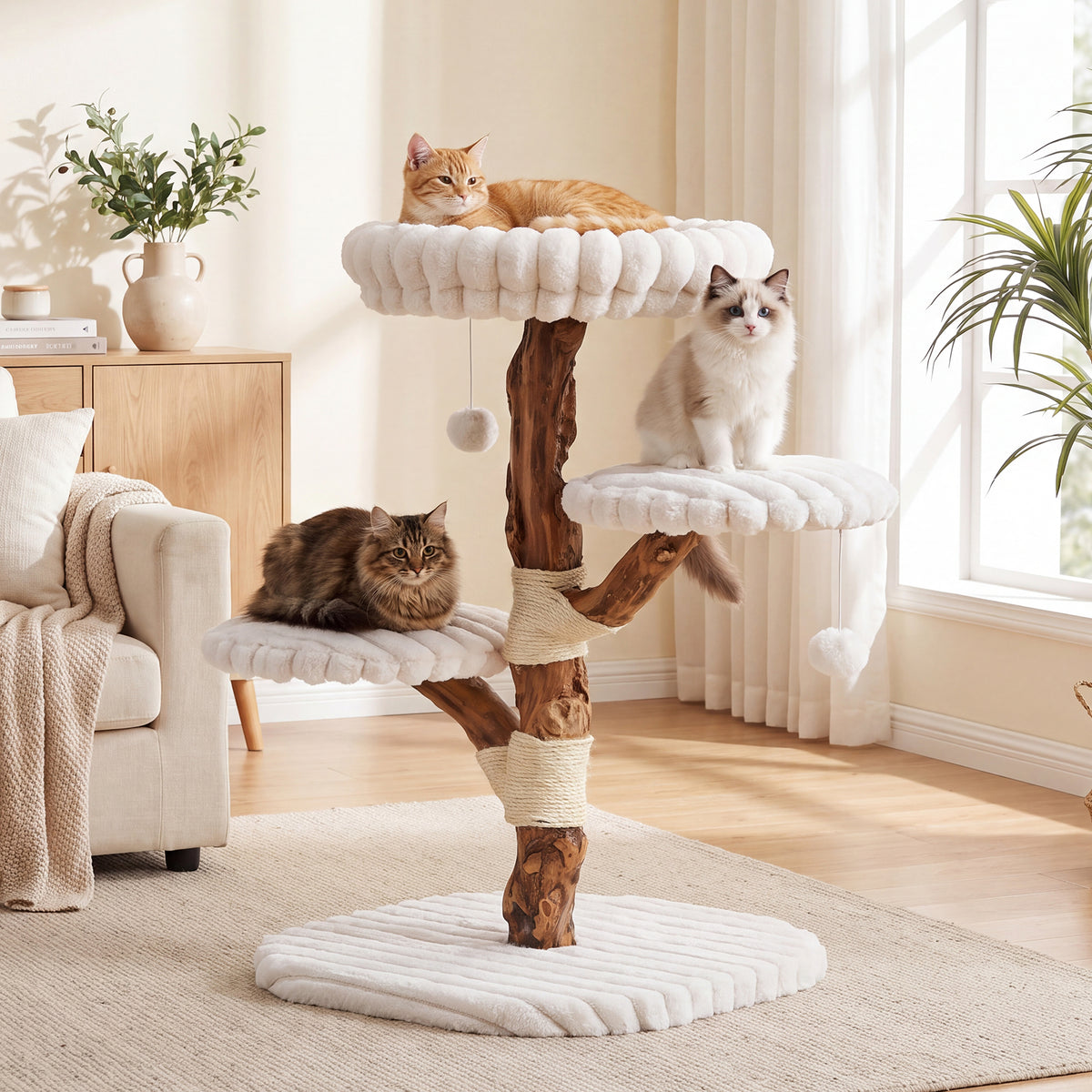 32" Tall Solid Wood Cat Tree with Scratching Posts, Modern Multi-Level Kitten Tower