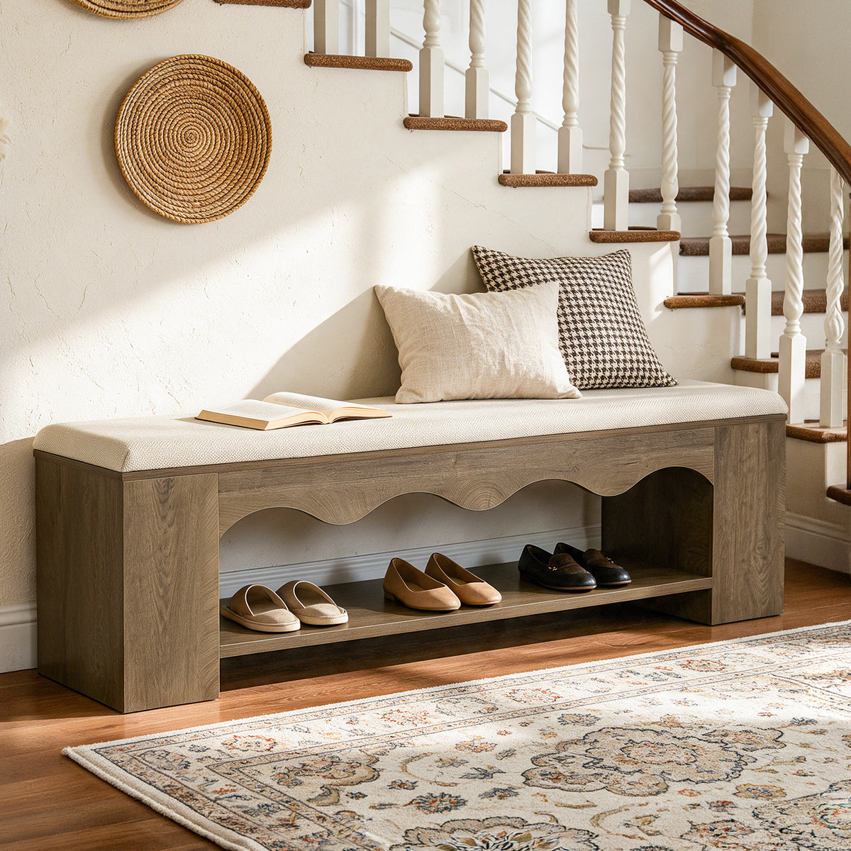 63" Upholstered Entryway Bench, 2-Tier Shoe Bench with Cushion & Open Storage Shelf