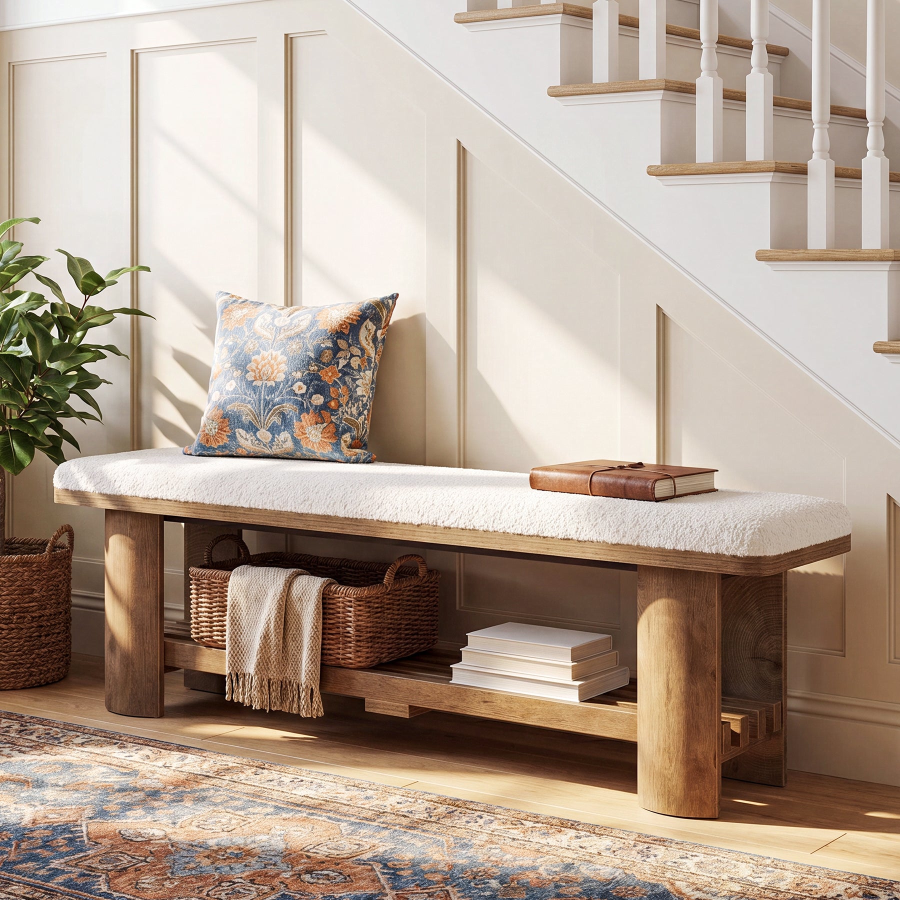 62.9" Entryway Bench with Storage, Upholstered Shoe Bench with Faux Lamb Wool Cushion