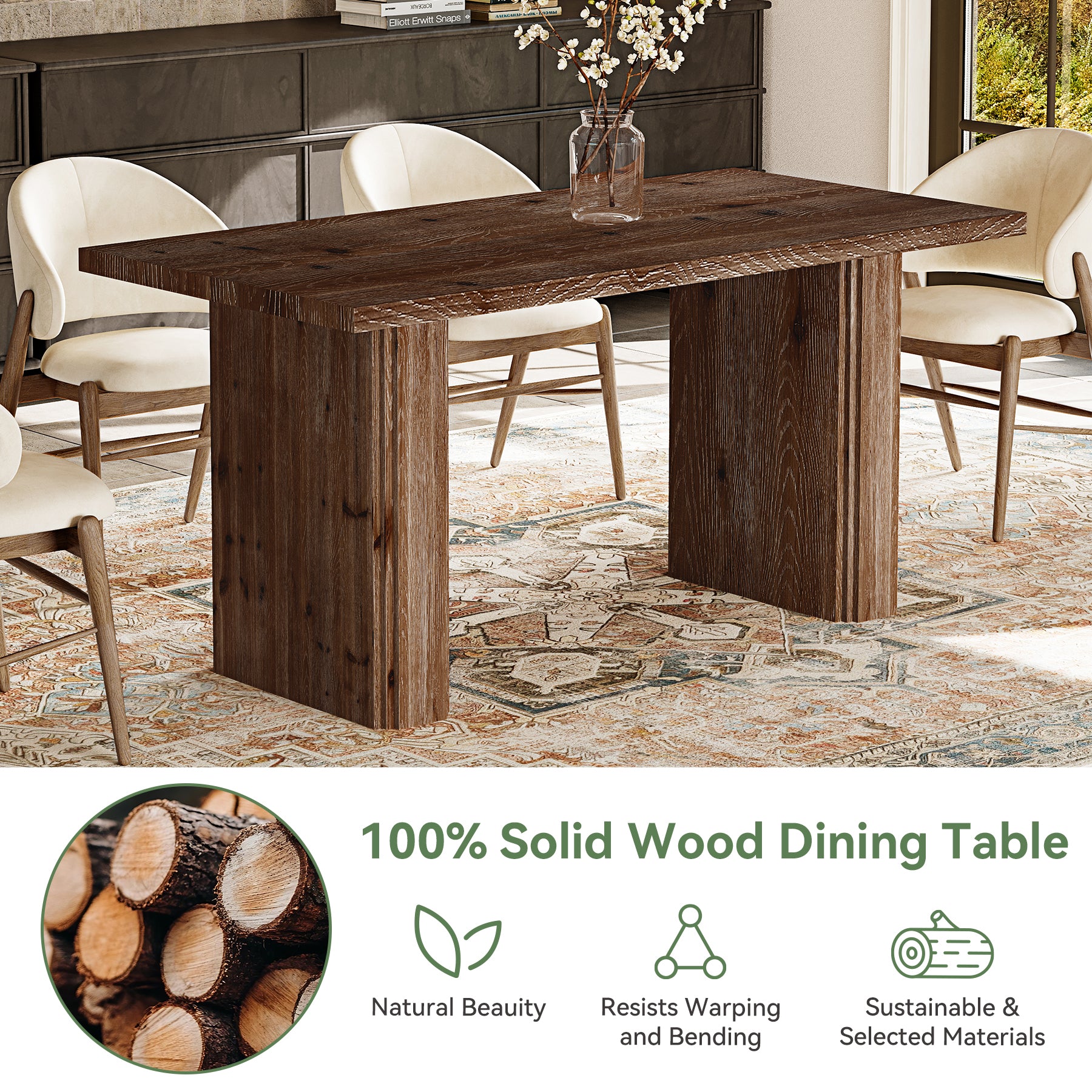 63” Solid Wood Farmhouse Dining Table for 4–6, Rectangular Kitchen Table with Pedestal Base