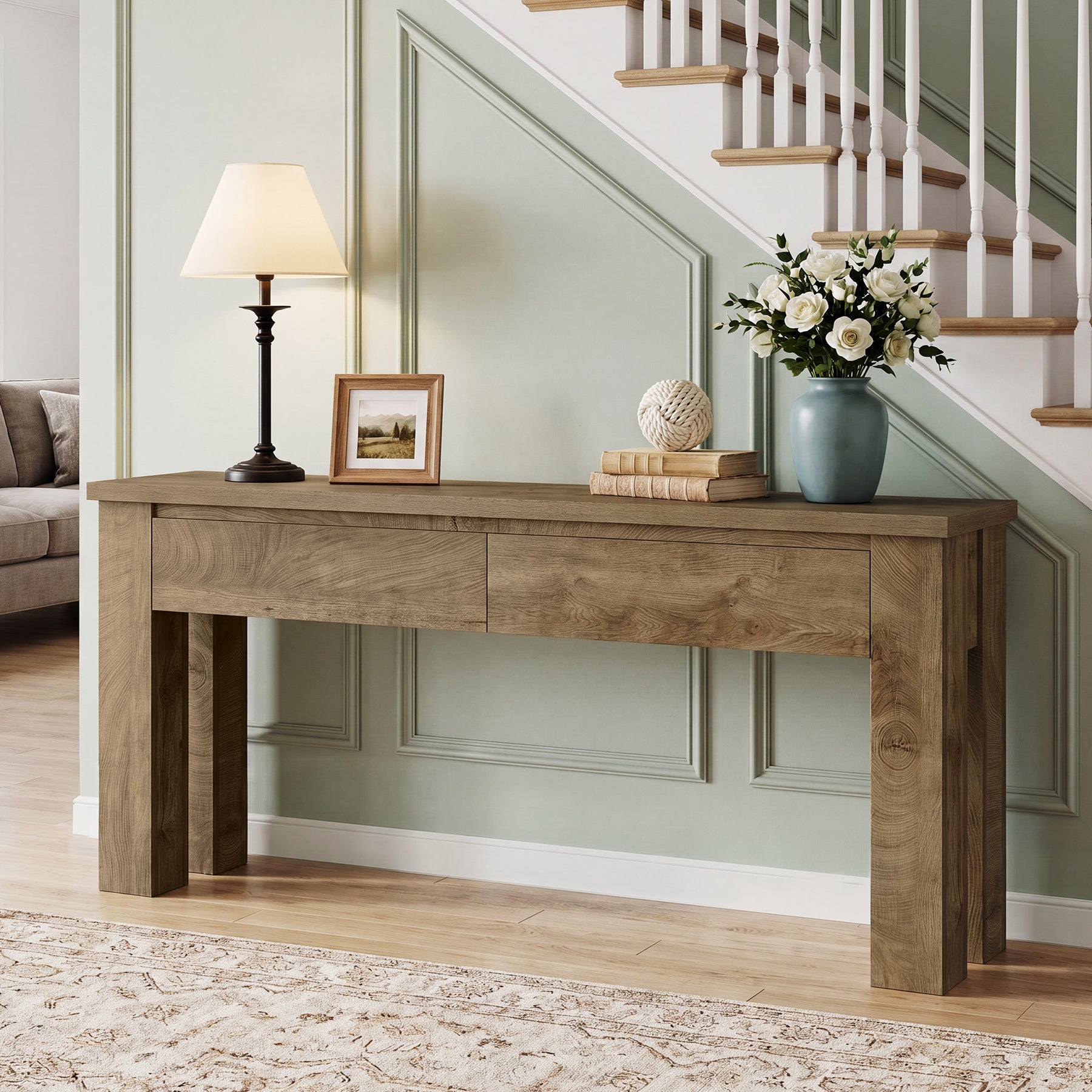 63" Console Table with 2 Drawers, Farmhouse Entryway Sofa Table Behind Couch