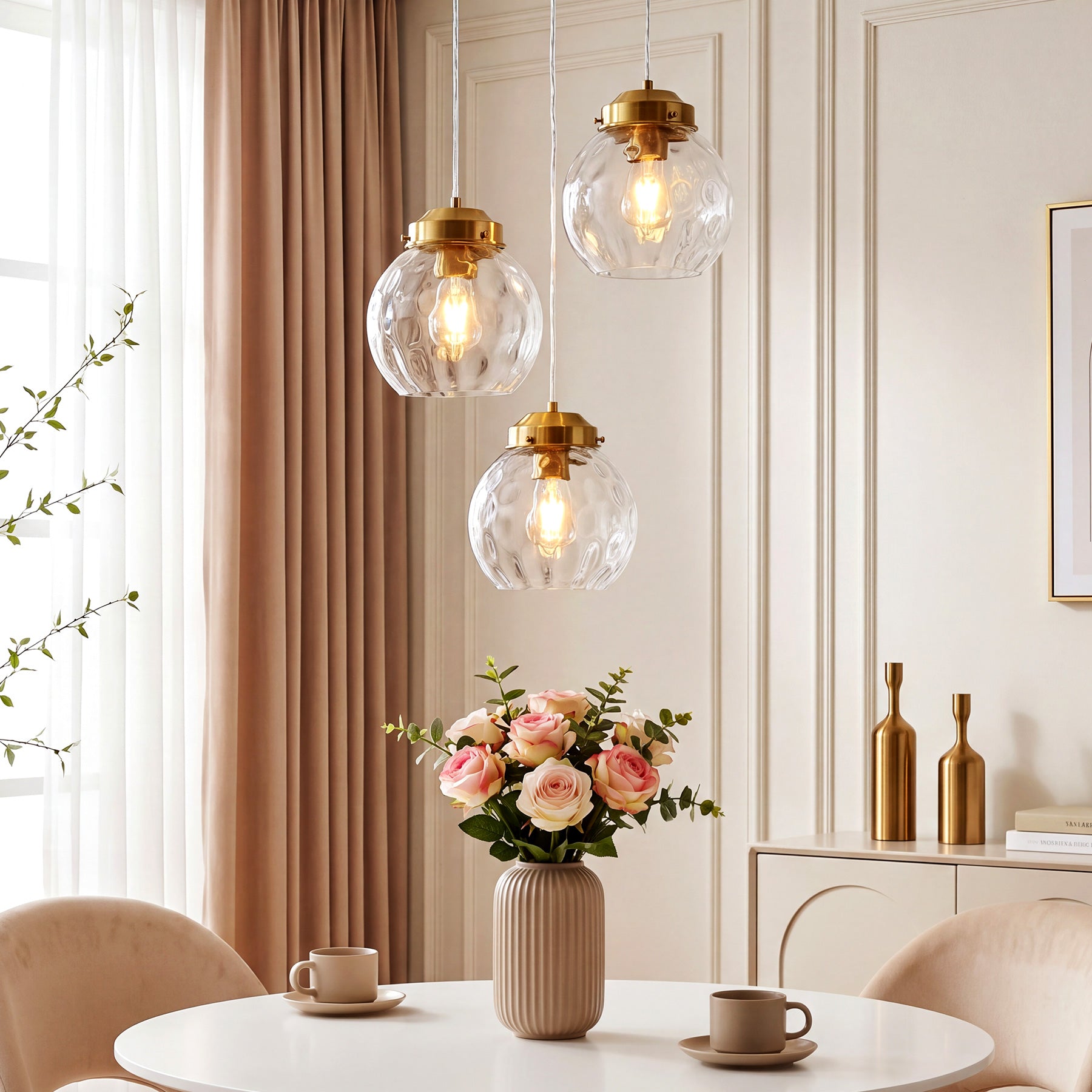3-Light Pendant Lighting Fixtures with Adjustable Hanging Cords, Hammered Glass Globe Shades