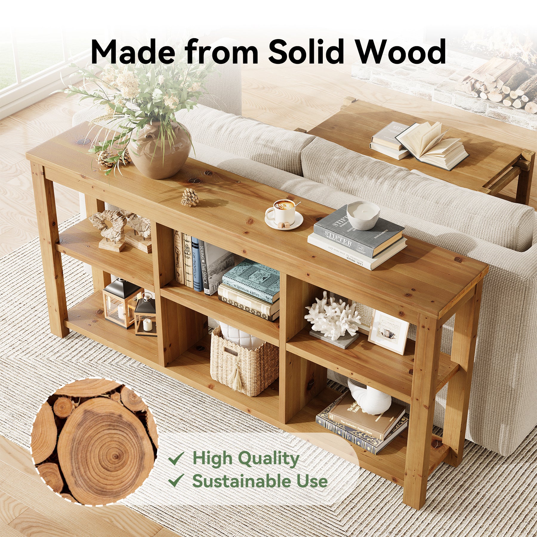 63" Console Table, 3-Tier Solid Wood Sofa Table with 6 Storage Cubes