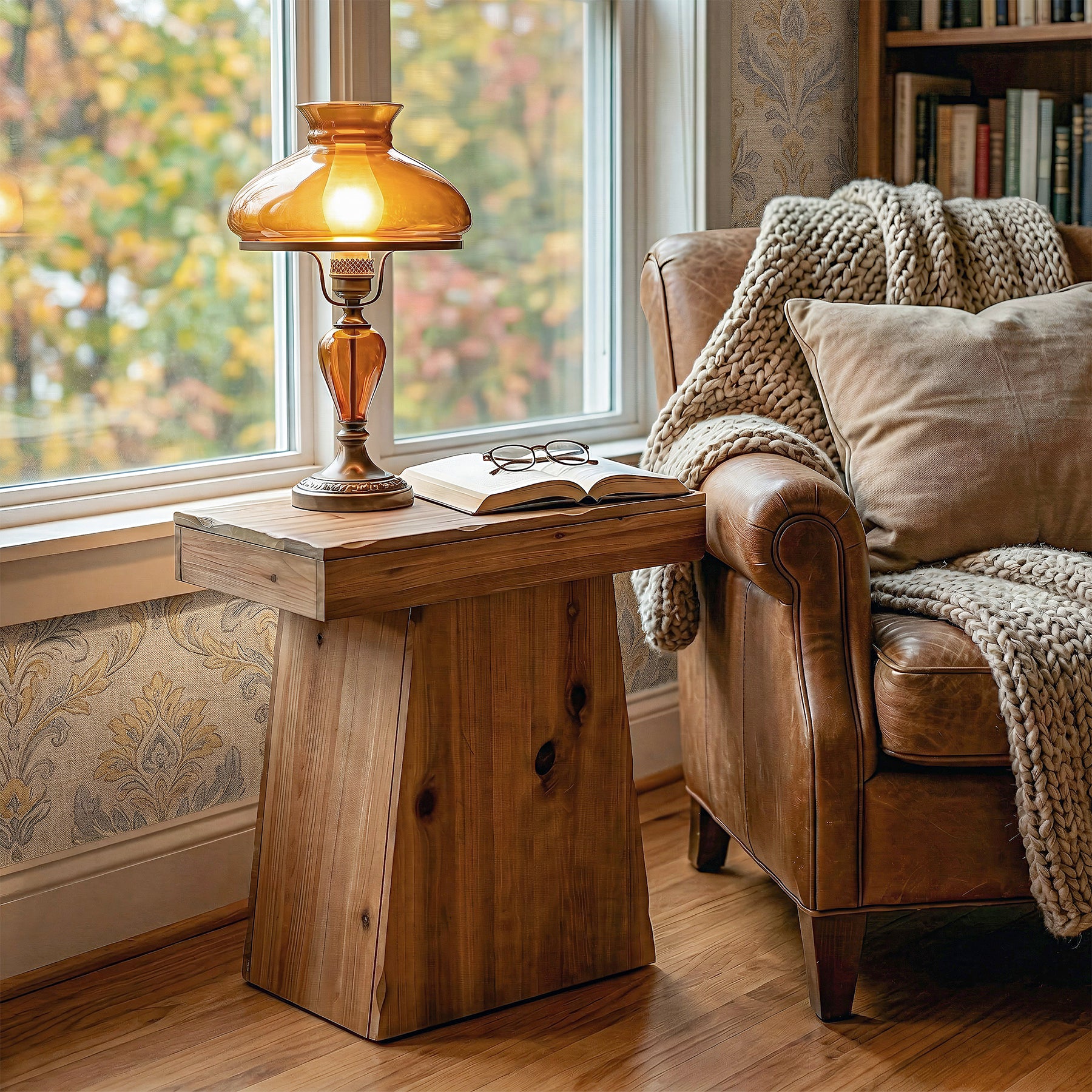 23.6-Inch Solid Wood End Table with Trapezoid Base, Small Walnut Side Taable for Living Room