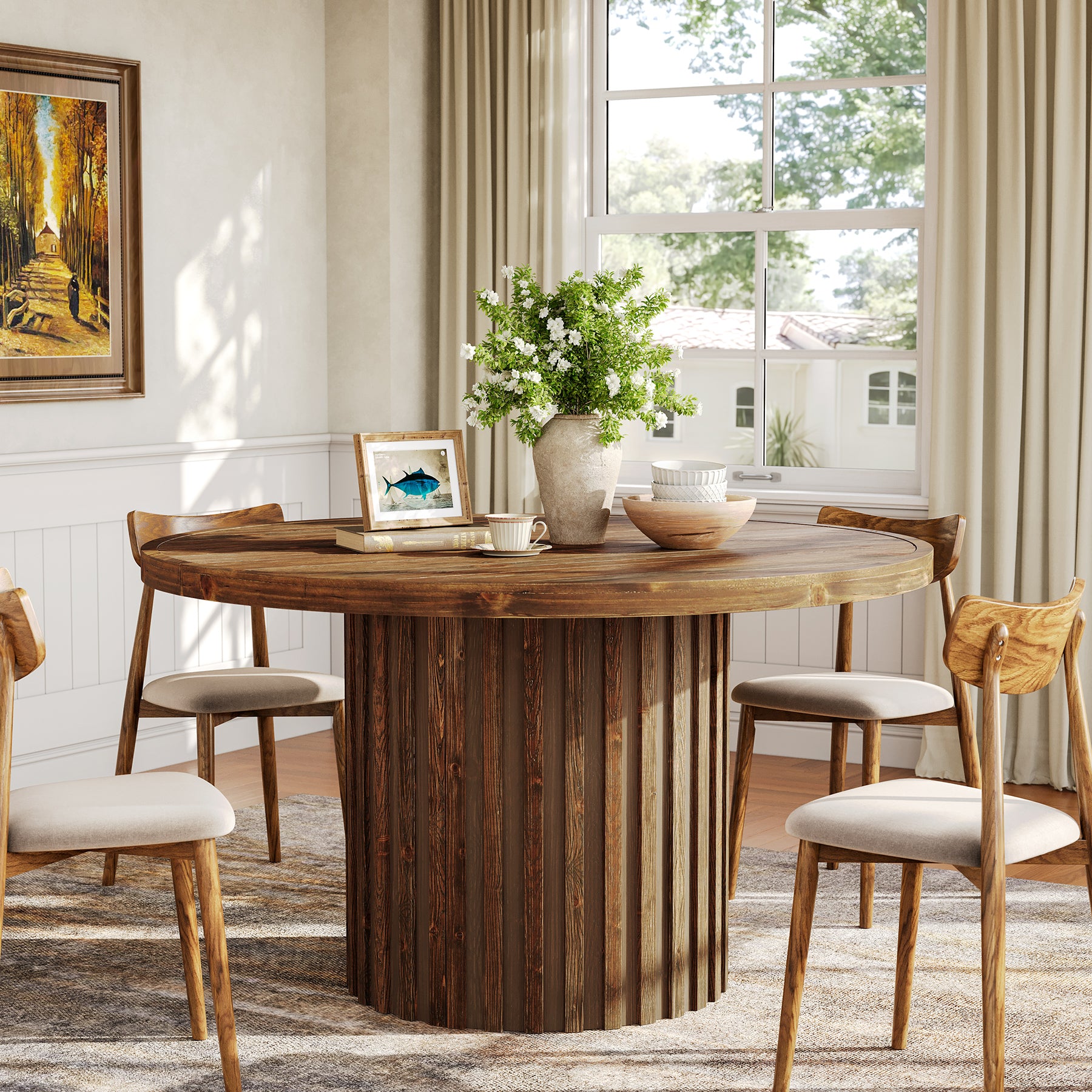 Round Solid Wood Dining Table for 4, 47" Kitchen Table with Fluted Pedestal Base
