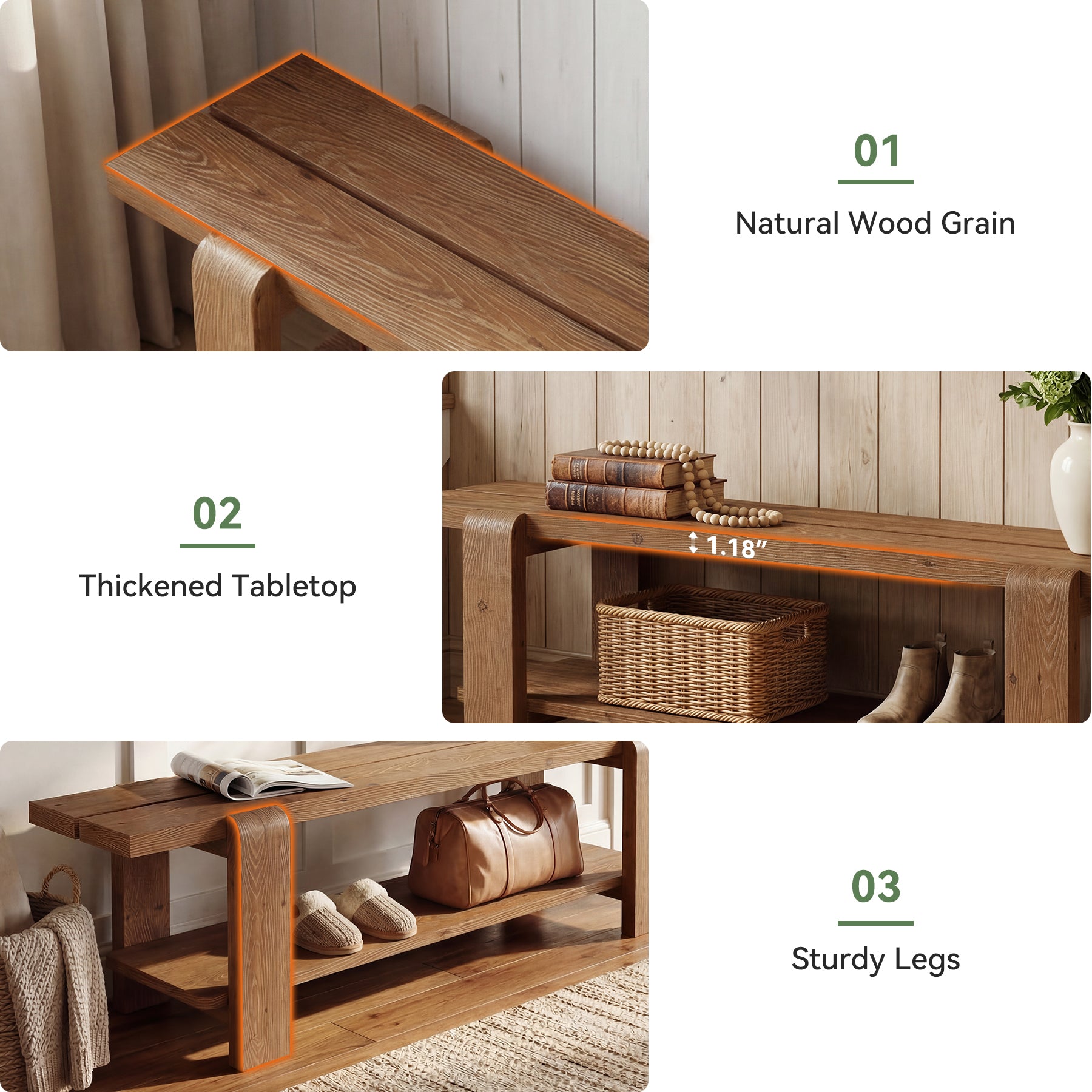 63" Farmhouse Dining Bench, Solid Wood Kitchen Bench Dining Seat