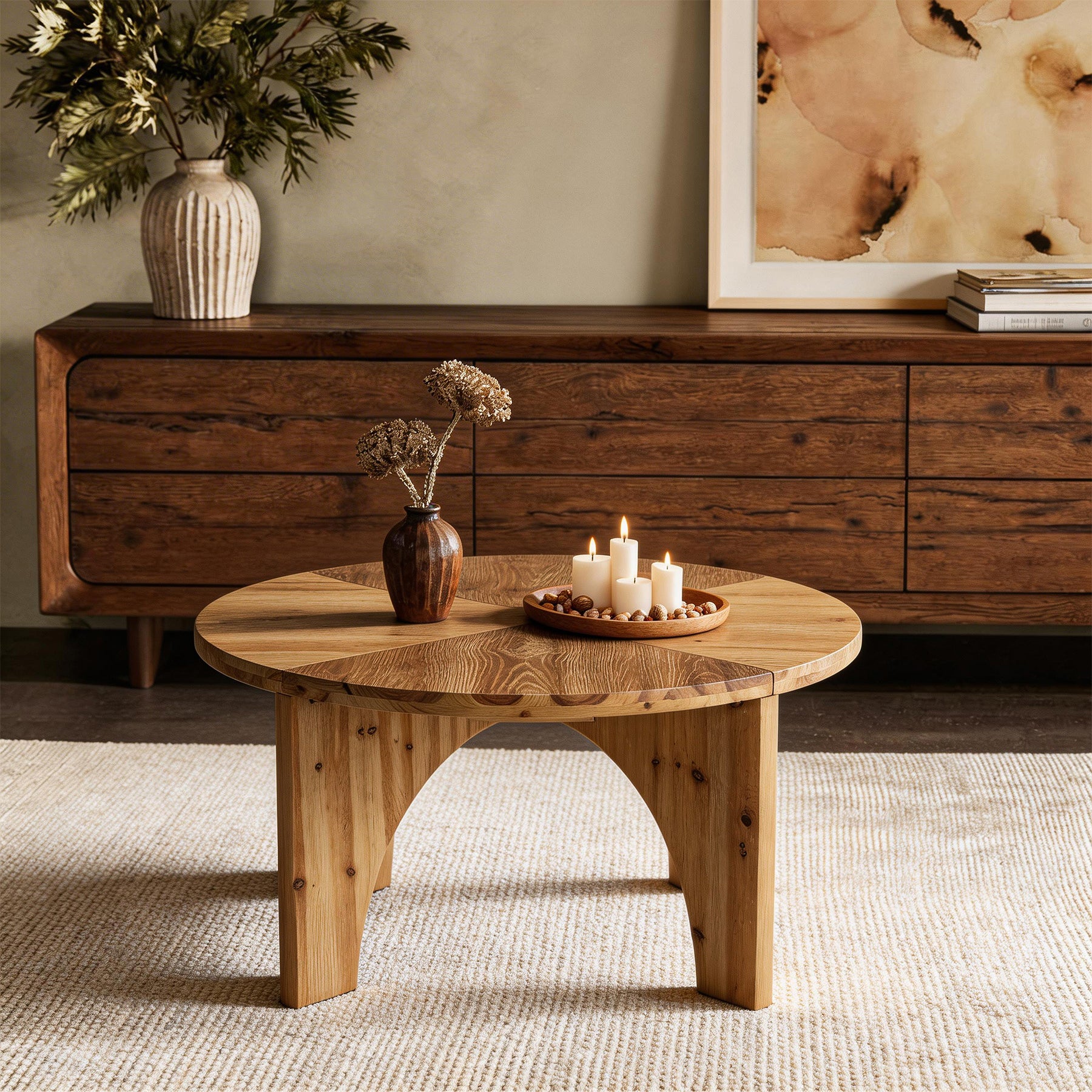 31.5" Round Coffee Table, Farmhouse Solid Wood Center Table with Curved Legs