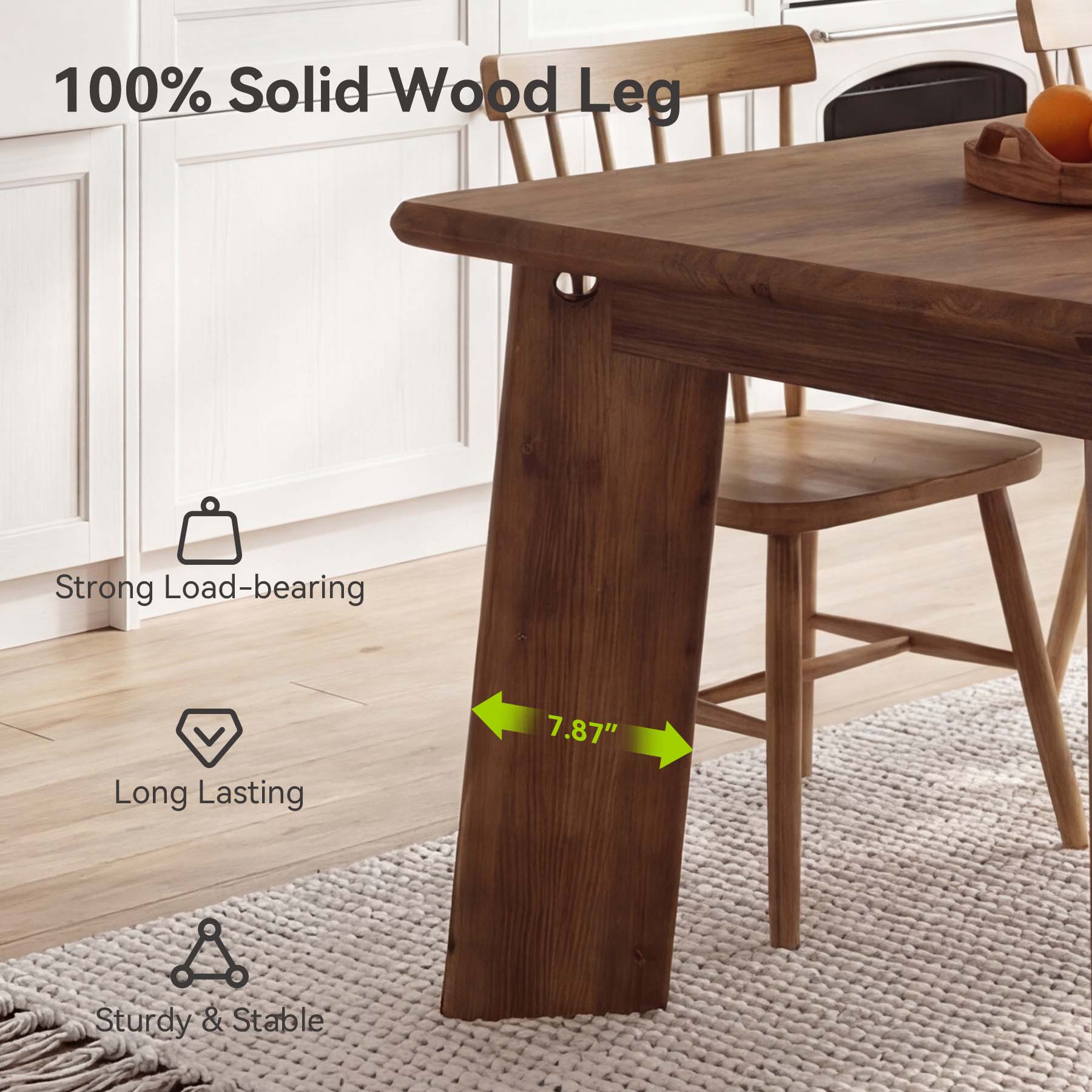 63" Solid Wood Dining Table for 4-6, Rectangular Farmhouse Kitchen & Dining Room Table with Angled Legs, Vintage Style