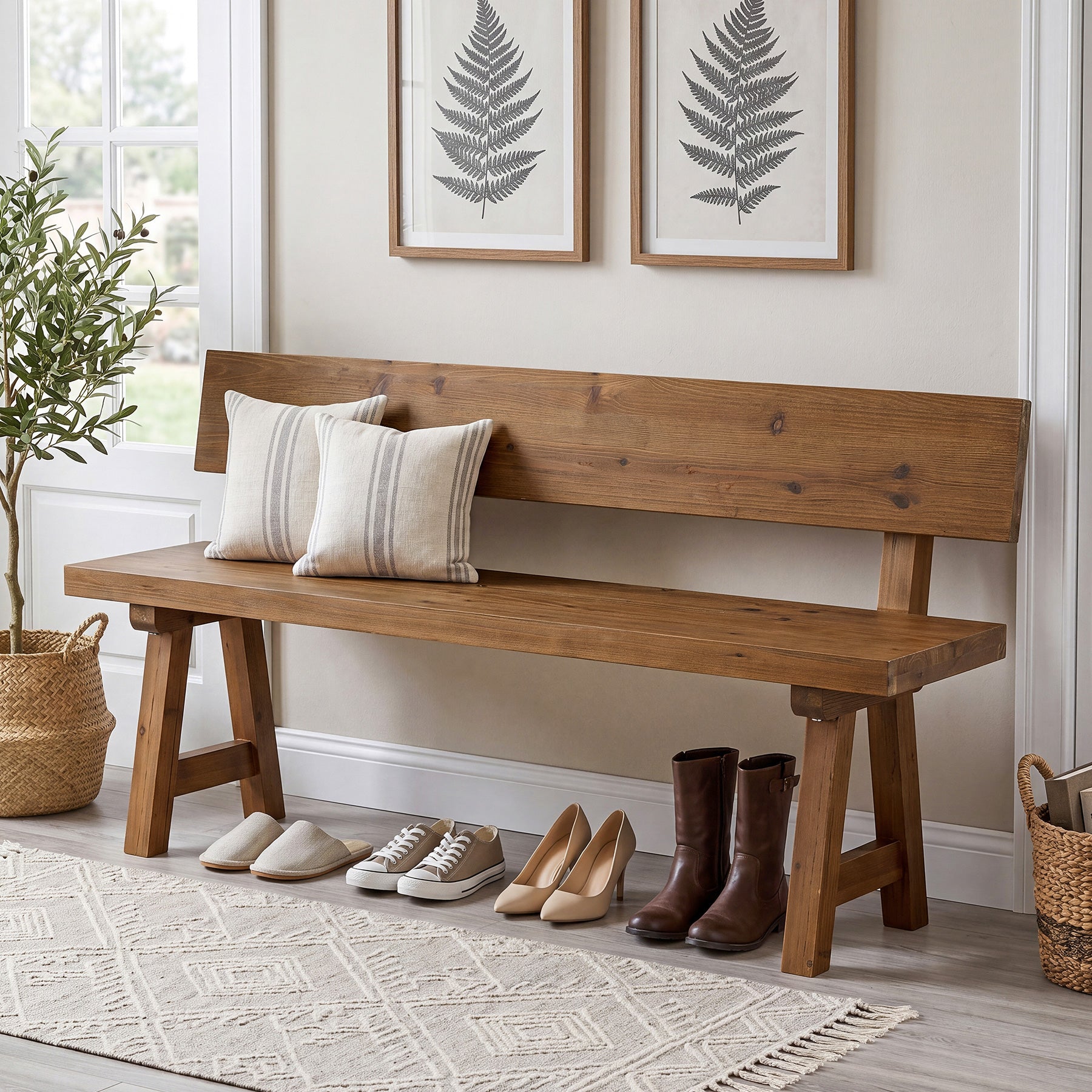Solid Wood Entryway Bench, Farmhouse Indoor Bench with Back for Hallway, Living room
