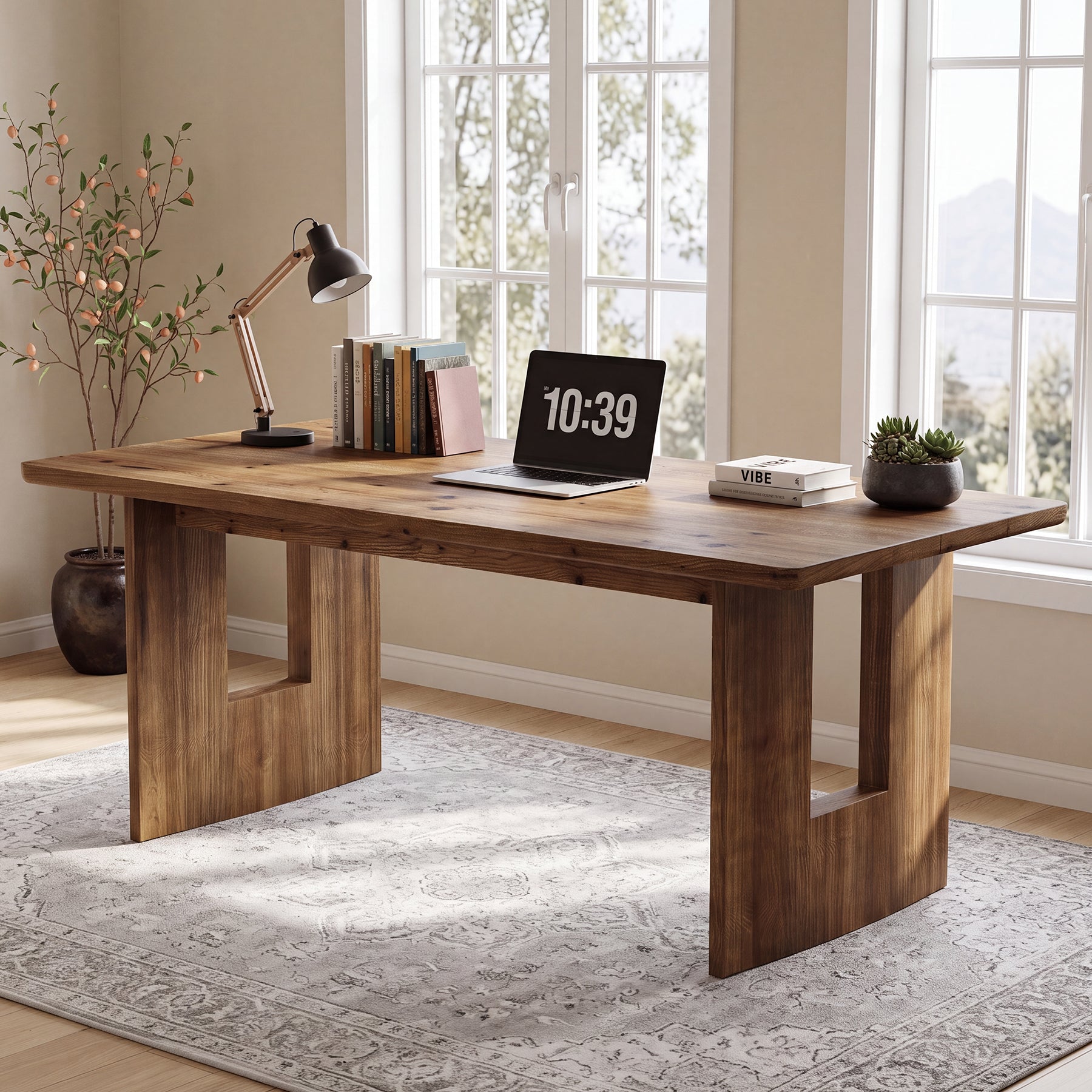 63" Solid Wood Computer Desk, Home Office Executive Desk with Sturdy Frame