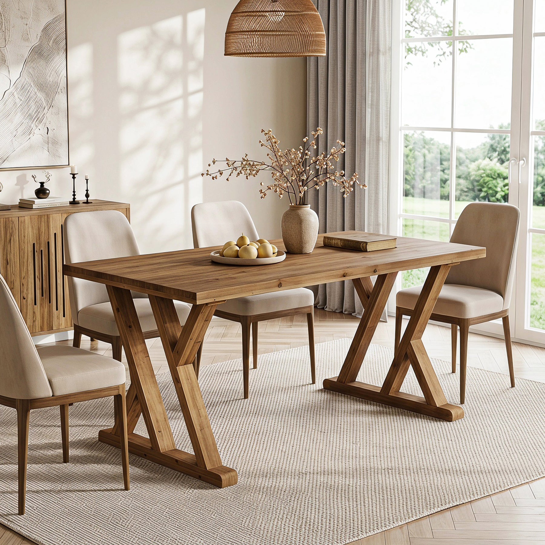 63" Wood Dining Table, Farmhouse Kitchen Dinner Table for 4-6 People