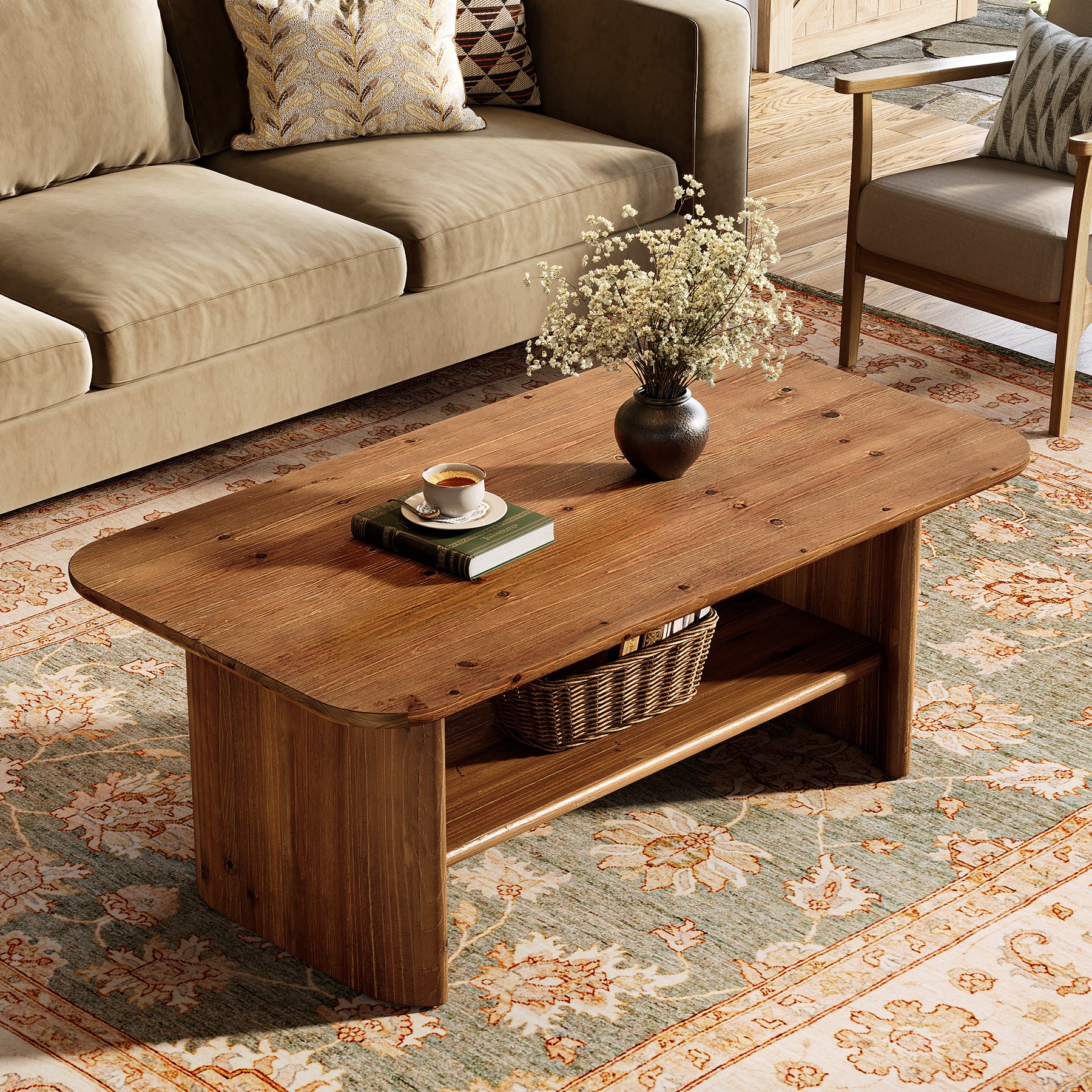 47" Solid Wood Coffee Table, Rectangle Center Table with 2-Tier Storage